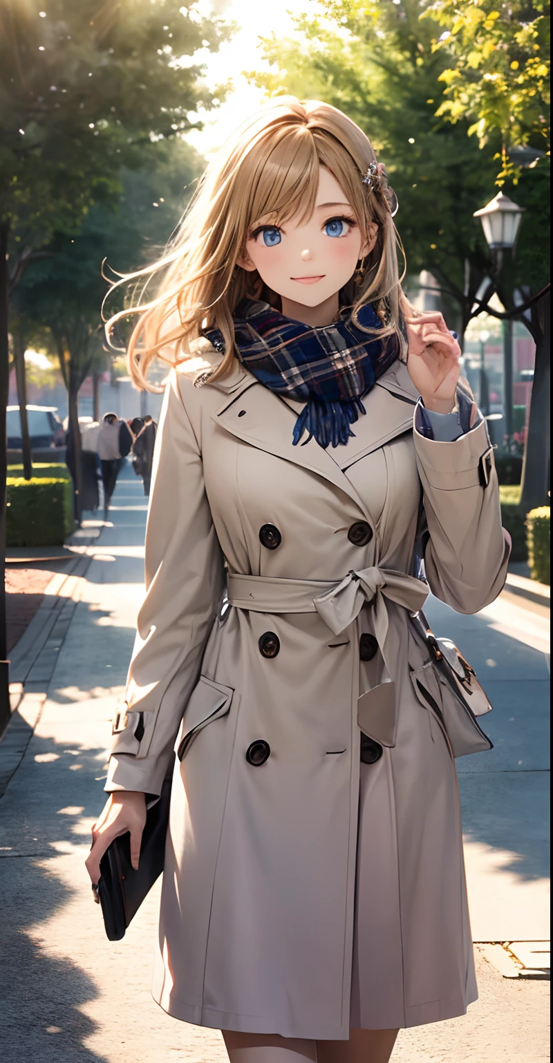 (masterpiece),(top-quality:1.2),1girl in,(masuter piece:1.3),exquisitedetails, Highest quality 8K resolution, Ultra-detailed, Realistic, Vibrant colors, Soft tones, With warm and gentle lighting,(Beautiful plaid scarf:1.3),(Preet Pink Ruffled Ribbon Dress,) (Brown long coat:1.2) early evening,Big sunset,(Smooth straight blonde hair:1.2),(Hair parted in the middle:1.3),(Glowing hair),(Dark blue eyes:1.3),White skin, hair clips,Overflowing soft and gentle feelings,(The promenade is full of flowers),The sun's rays illuminate joy and pure love, Warm golden glow,The atmosphere is full of happiness and laughter, As if celebrating love,Sticking to ultra-detailed depictions and vivid colors. In a style that blends romanticism and realism、You can feel the depth of love,color palettes,Create an ethereal atmosphere like a dream,and the lighting is soft and diffused, Shine a gentle light on your face,The artwork is a masterpiece,