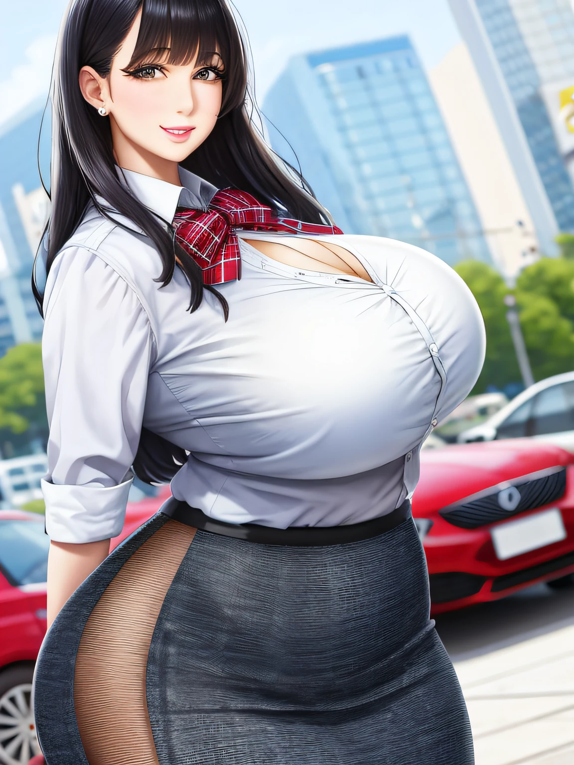A woman, Huge breasts, Smile, White blouse, plaid skirts, cleavage, bangs, view the viewer, Have on the street, The background is blurred out, 8K, Best quality, Masterpiece, (photograph realistic:1.4), RAW photo, 超高分辨率, Perfect details, profesional photo, Professional lighting, pencil skirts