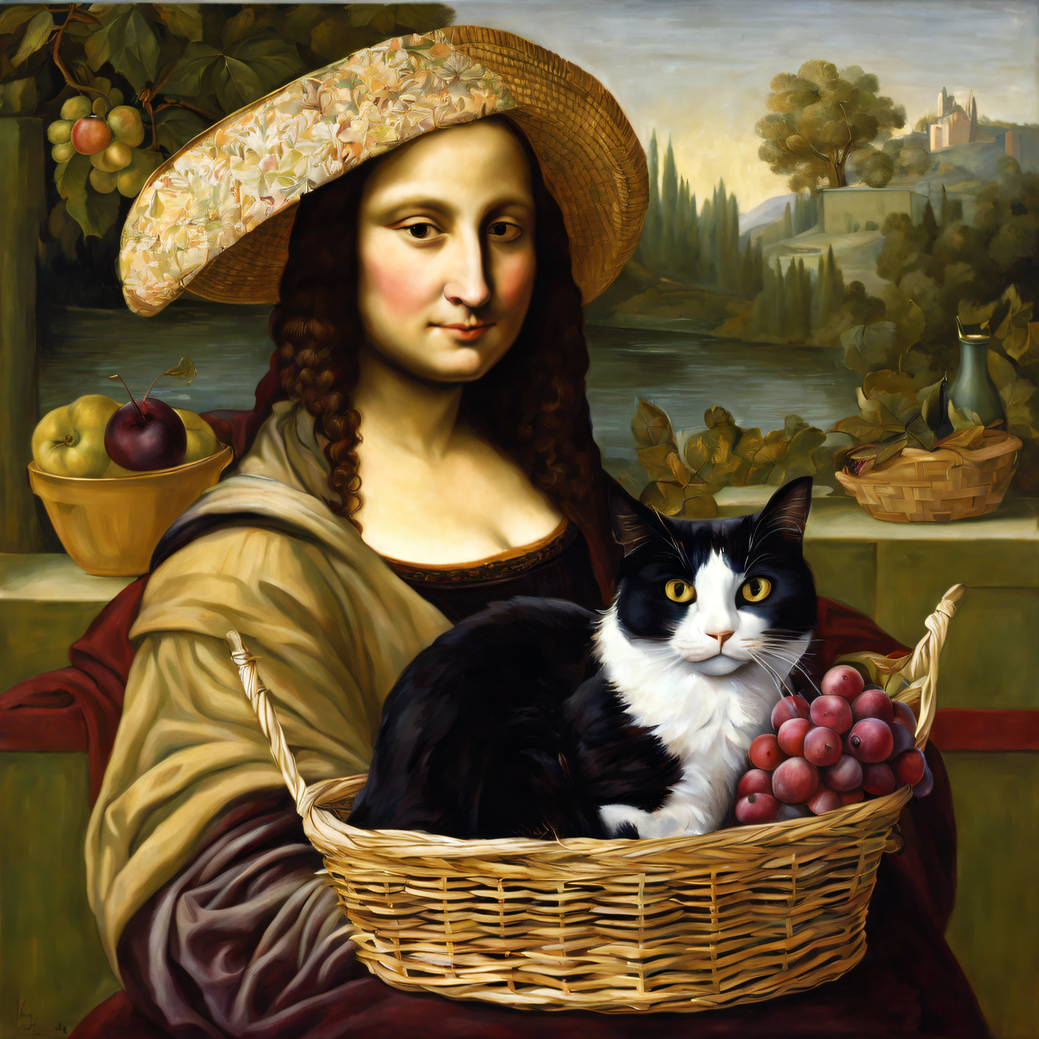 Mona Lisa, with a basket of black plums and rhubarb, a straw hat on his head, a cat on his lap, smiling