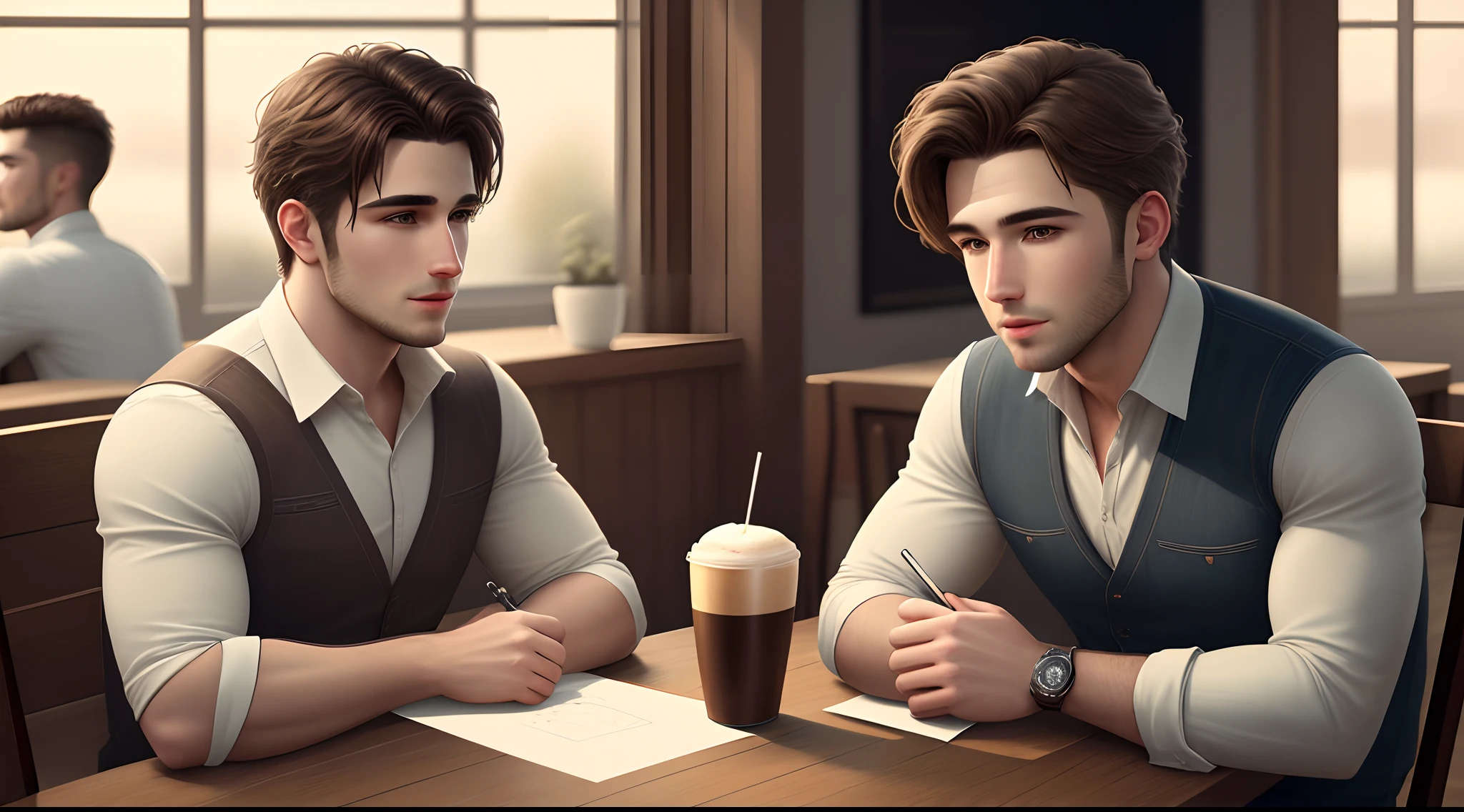 Drawing, ultra realistic, 8k, extremely detailed, in the best quality, two friends, men, young, sitting one a table, with a cup of coffee