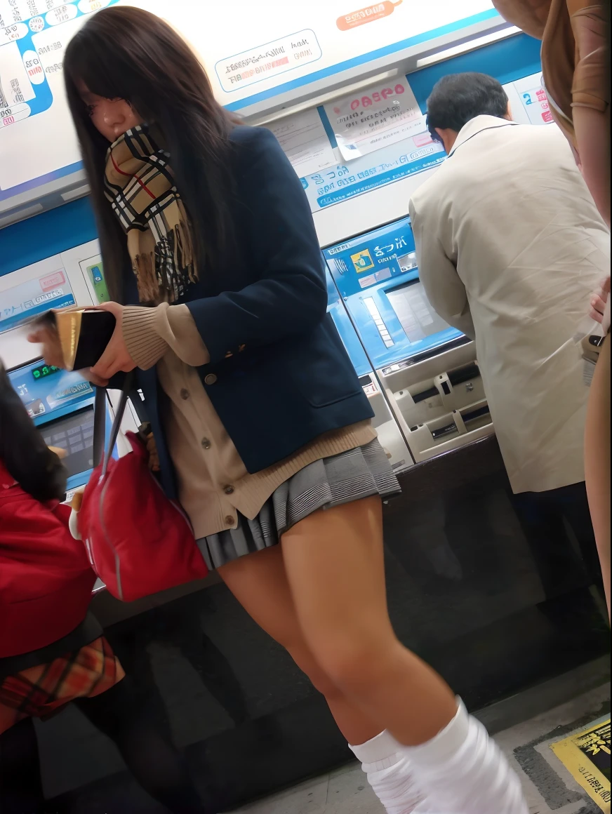Woman in short skirt and knee-high socks standing in front of cash machine, wearing skirt and high socks, wearing honey - themed miniskirt, wearing japanese school uniform, a hyperrealistic schoolgirl, Japan school uniform, a miniskirt, thighhighs and skirt, japanese girl school uniform, dressed as schoolgirl, Short miniskirt, juicy legs