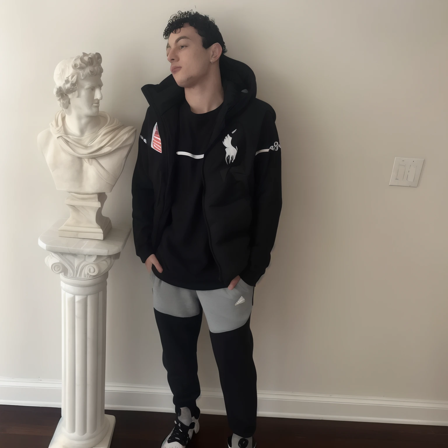 arafed man standing next to a bust of a man, posing like a statue, inspired by Ion Andreescu, wearing a track suit, wearing a tracksuit, bladee from drain gang, wearing adidas clothing, on a large marble wall, full body with costume, trending on r/streetwear, casual pose, holding a pudica pose