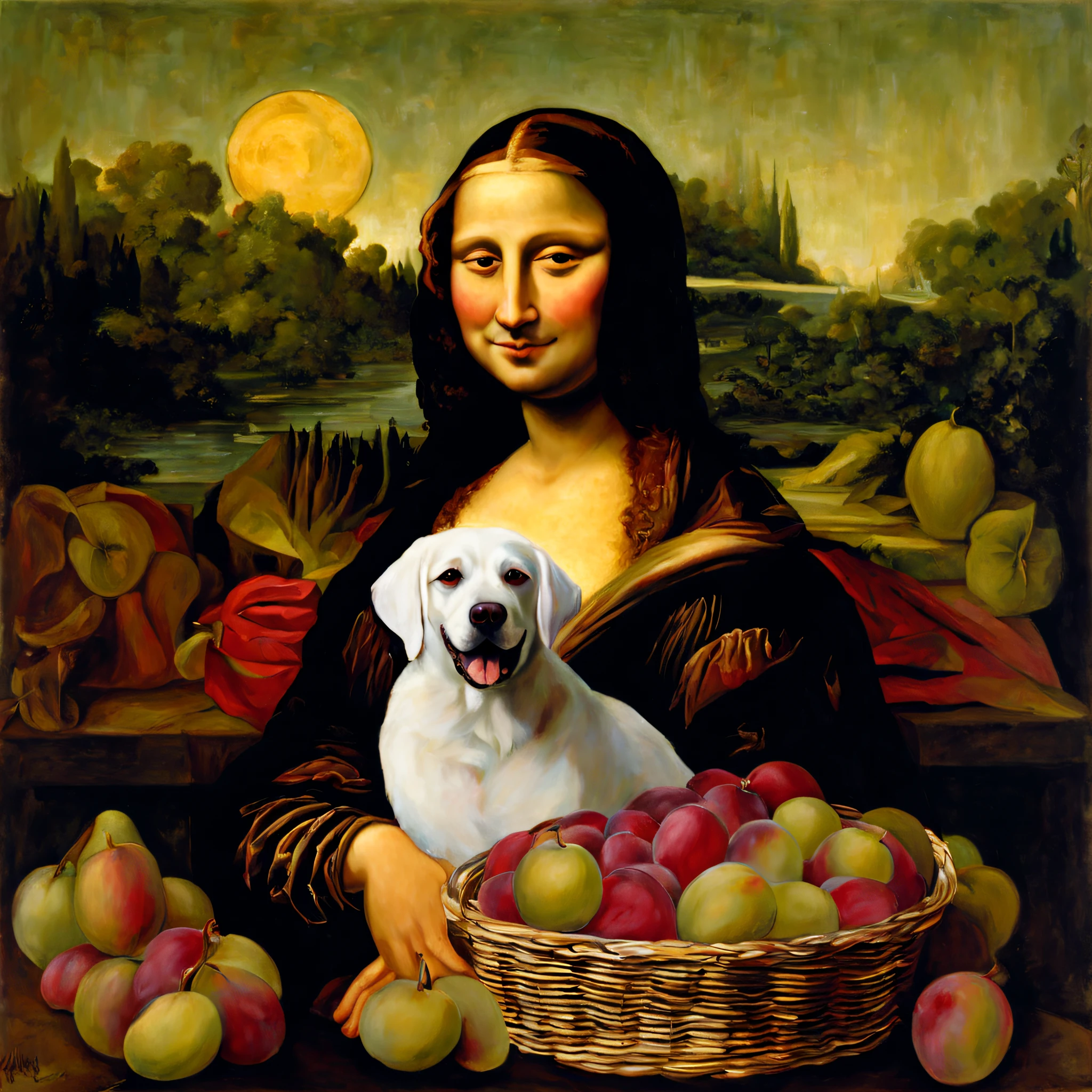 Mona Lisa, with a basket of black plums and rhubarb, a dog on his lap, smiling