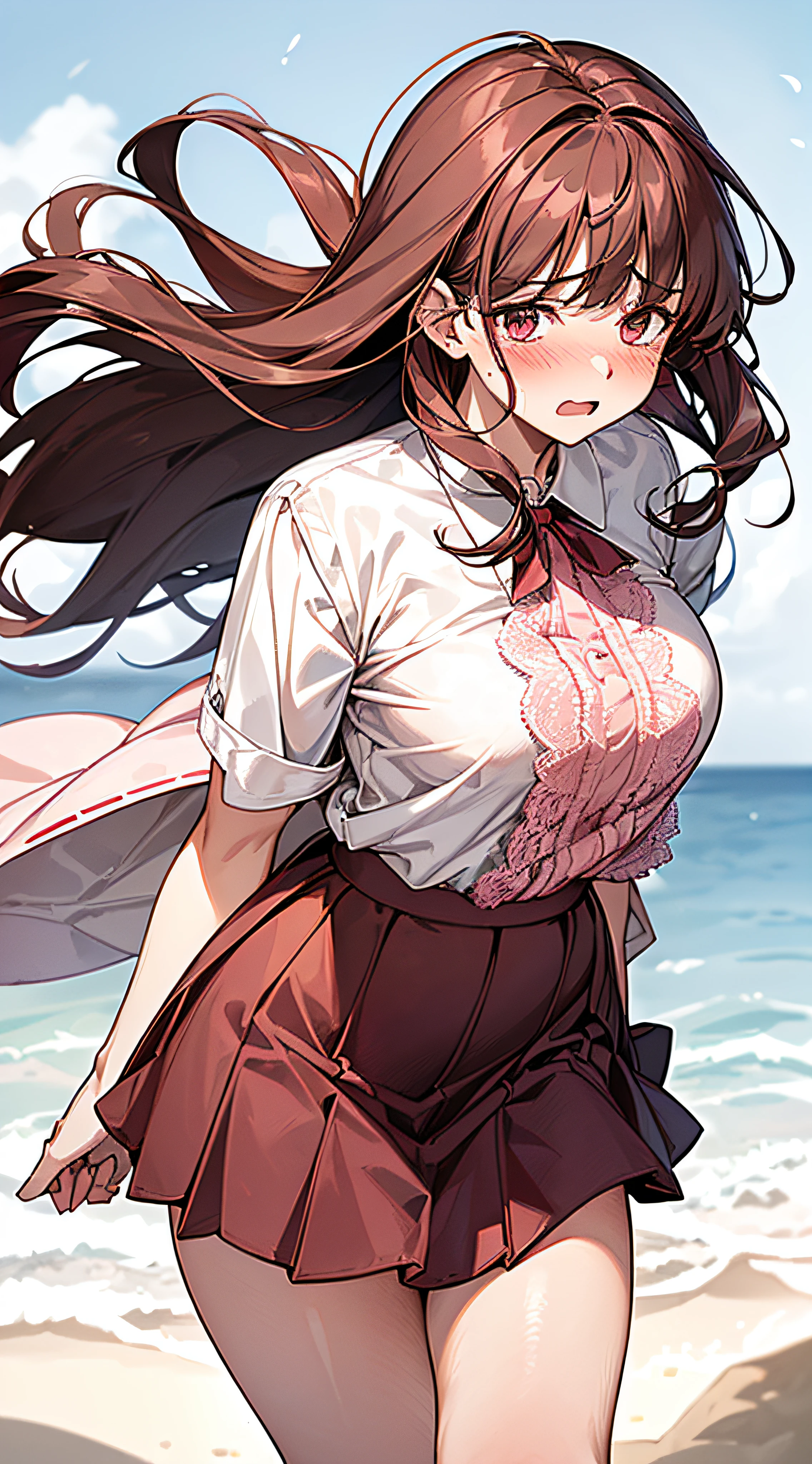 1womanl,dark brown hair,Long Wave Hair、a 20 yo woman、((Impatient expression)),Beautiful Medium Big、White shirt,Red Mini Flared Skirt,well-styled,,(Facing the front)(((Blushing cheeks、embarassed expression)),(((The skirt is rolled up by the wind)))、Pink lace panties