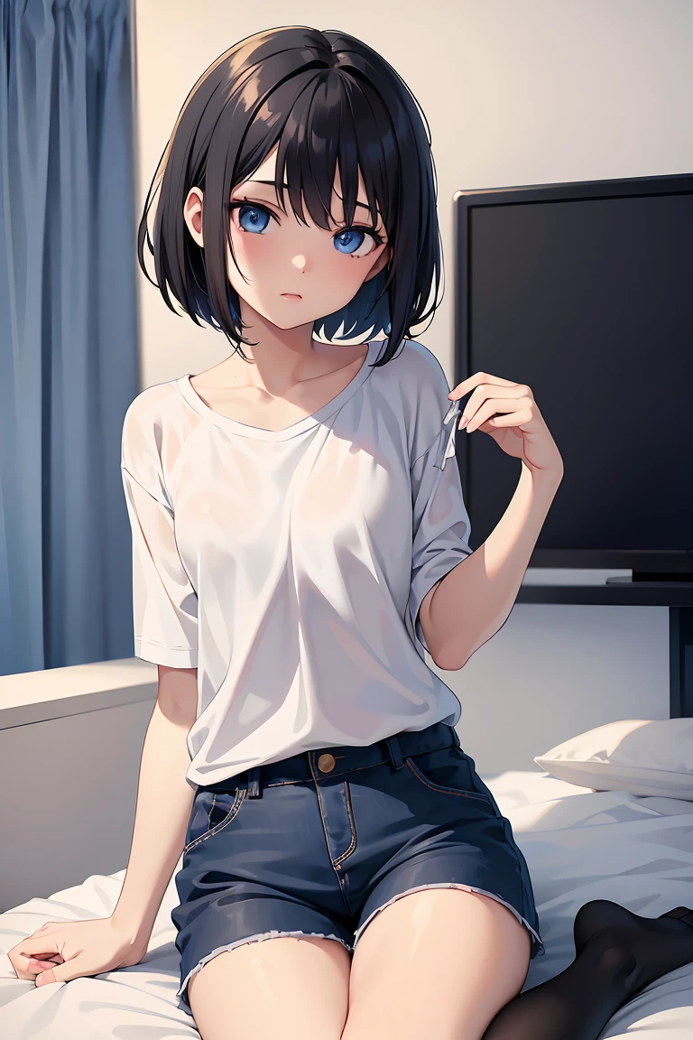 masterpiece:1.2, best quality, ((ultra detailed)), high resolution, 2d, anime style , photo, photography, detailed background, (1boy,otoko no ko, feminine),cute face,short hair,bob cut,(black hair),flat chest, BREAK solo,(droopy eyes:1.3),17 years old,((blue eyes;1.2 )), beautiful thighs,embarrassed,shy, BREAK cowboy shot,sitting,wariza,oversized shirt,black pantyhose,shorts BREAK pastel colors:1.4, solid paint:1.2, saturated color, contour
