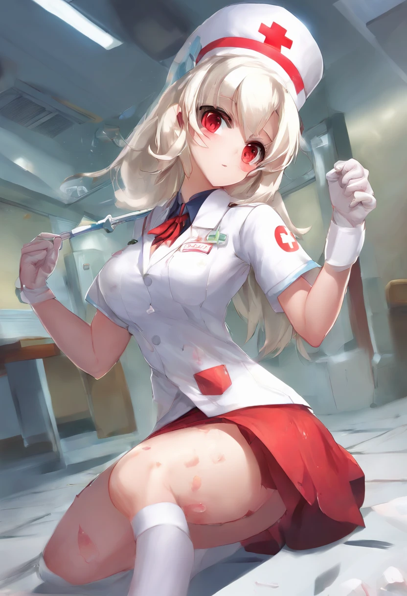 masterpiece, highest quality, highest detail, 1 girl,
BREAK, horror, (Small injured girl, blood, bleeding, injury), Shining white hair, jewel-like red eyes, anime highlight eyes, (Nurse uniform: 1.4), (White tight miniskirt: 1.2), White pantyhose, scarred clothes, dirty clothes, bloodstained clothes, scarred skin, battle damage, bandaged arms, bandaged legs, (Yandere:1.2),
BREAK, The background is a modern hospital, a collapsed hospital,
BREAK, full body, movie lighting, action movie poster, dynamic, beautiful girl action actor, motion blur, depth of field, 35mm, Sony FE, 1girl,