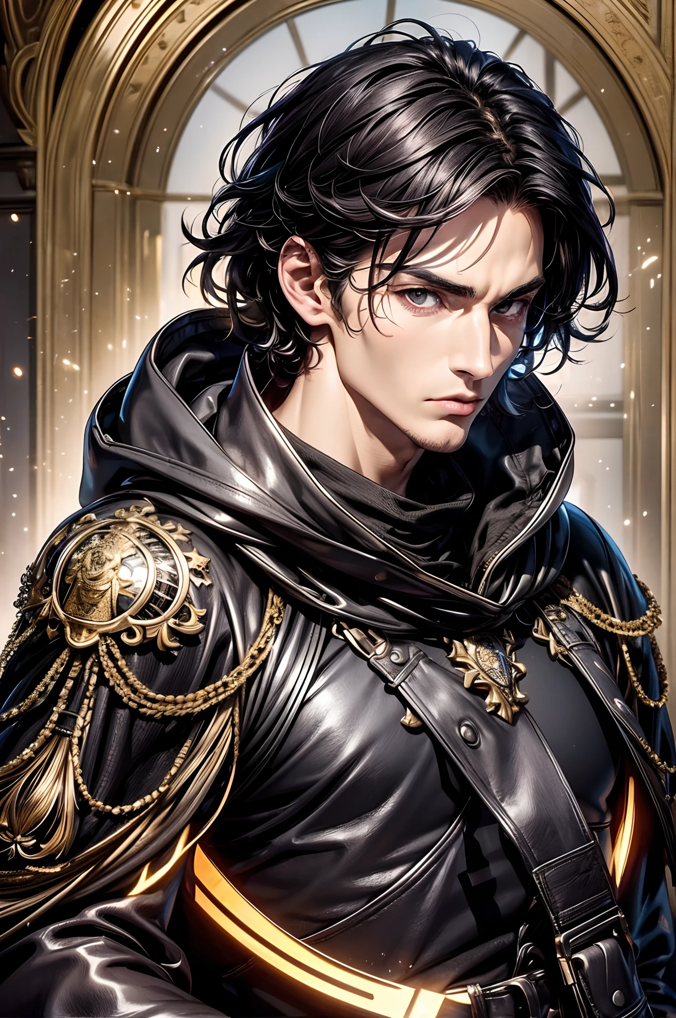 (absurderes, hight resolution, ultra-detailliert), 1 male, Adult, Handsome, High muscular face, broad shoulders, finely detailed eyes, Short black hair, Brown eyes, Black cloak, Wearing a hood, Leather Vest, Leather bag at waist........., 2 daggers on the belt, castle, Medieval atmosphere, Natural Light and Shadow, Bright particles fly around a person, Fantastic, Mysterious, Bright glow, Seated Pose, Serious expression, Cold, thoughtful, Mouth Shut