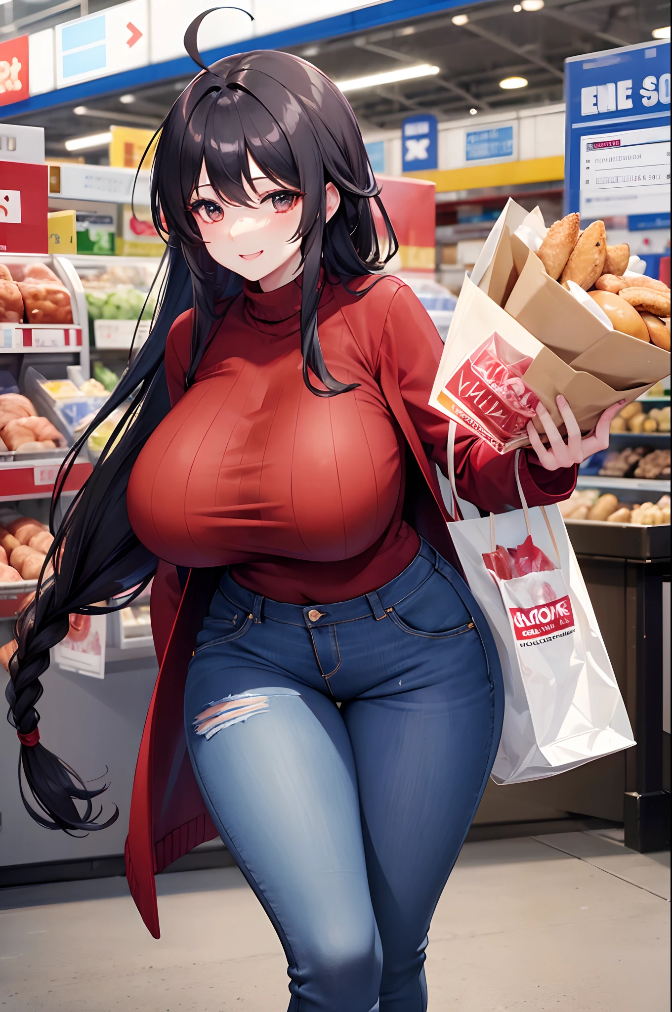 Costco,shoping beautiful woman,huge busty,huge meat buying,shinie smile,long black hair,big braid ponytail,ahoge,winter long coat,slim denim jeans,red summer sweater,