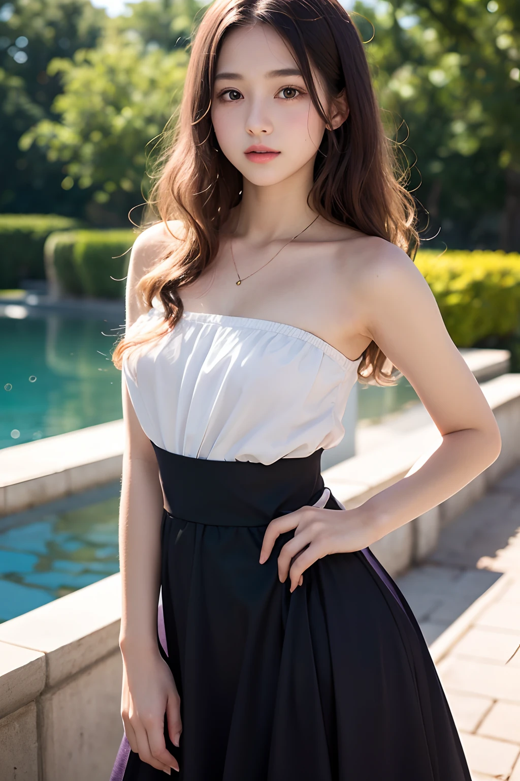 Masterpiece, Best Quality, Very Detailed, 8k, Photorealistic, soft focus, beautiful detailed eyes, detailed face, double eyelid, 1girl, solo, beautiful skin, real human skin, close-up shot, Half-body, beautiful firm breasts, mature body, 18 years old girl, beautiful girl, Japanese idol, (french braid:1.3), brown hair, BREAK, marigold-colored off shoulder satin dress with a wide open chest, standing by the big fountain in the botanical garden,NSFW,behind view,shoot from below,