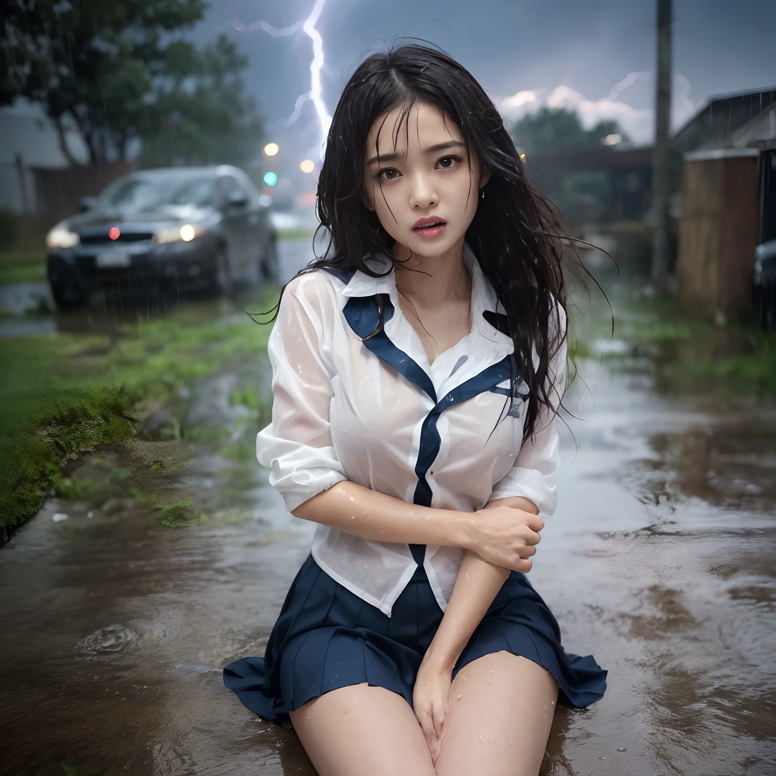 ((Best Quality, masutepiece, 超A high resolution、The most complex and detailed depictions)),1 girl、Uniforms covered in water all over the body、Alone in the city、face that seems to cry、terrified expression、((One giant lightning bolt))、((Very heavy rain))、((Ōlan))、bao phan、strong wind blowing、Sit with your feet on the ground、Fallen trees and debris in the background、Wet white uniform shirt、((The heaviest rain falls on her))、The uniform is wet and tight to the skin、The perfect texture of a wet shirt、The perfect texture for wet hair、((An unimaginably drenched body))、((Drenched hair))、((Wet hair sticks to the face))、((Perfectly reproduces the nature of wet hair))、Hair that gets wet and sticks to the face、((Unimaginably wet hair))、((disheveled hairstyle))、((wet and disheveled hair))、((Uniforms soaked all over))、The skin is faintly visible from the top of the clothes、Wet and see-through skin、Underwear that can be seen faintly from the top of the clothes, ((Perfect texture down to the smallest detail of wet clothes))、Countless water droplets adhere to the body、((Water flowing through the body))、((A large amount of water runs down the face and hair))、Perfect water drop texture、Pink underwear that shows through nature、Wet and gooey hair、((Perfectly expresses the texture of soaked hair))、Wet and shiny hair、Wearing a dark blue wet skirt、Lightning flashes、((it is raining heavily))、Lightning、((Very complex and big lightning))、Lightning glow、Big thunder、a dark night、feeling of despair、heavy wind、Giant Thunder、Sit up straight on the ground、Sit on the ground、Precise legs、perfect anatomia、Looking at the camera、She looks up at me、Sad face、Face of fear、Looks cold、The Extreme Look of Fear、Lightning flashes、((drenching))、Ōlan