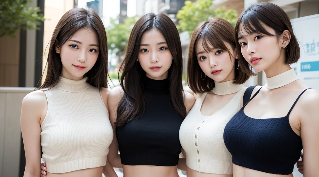 masutepiece, Best Quality, Photorealsitic, finely detail, hight resolution, 8K Wallpapers, Perfect dynamic composition, Beautiful detailed eyes, Medium Hair, large full breasts, Random and sexy poses,Bring your chest together、(Mock Neck Crop Tank Top White Knitwear、Cleavage looks realistic)、(Breast bulge 1.2)、A smile、open open mouth、Resort scenery、23years old、(Drooping eyes 1.4)、Adult beauty、japanes