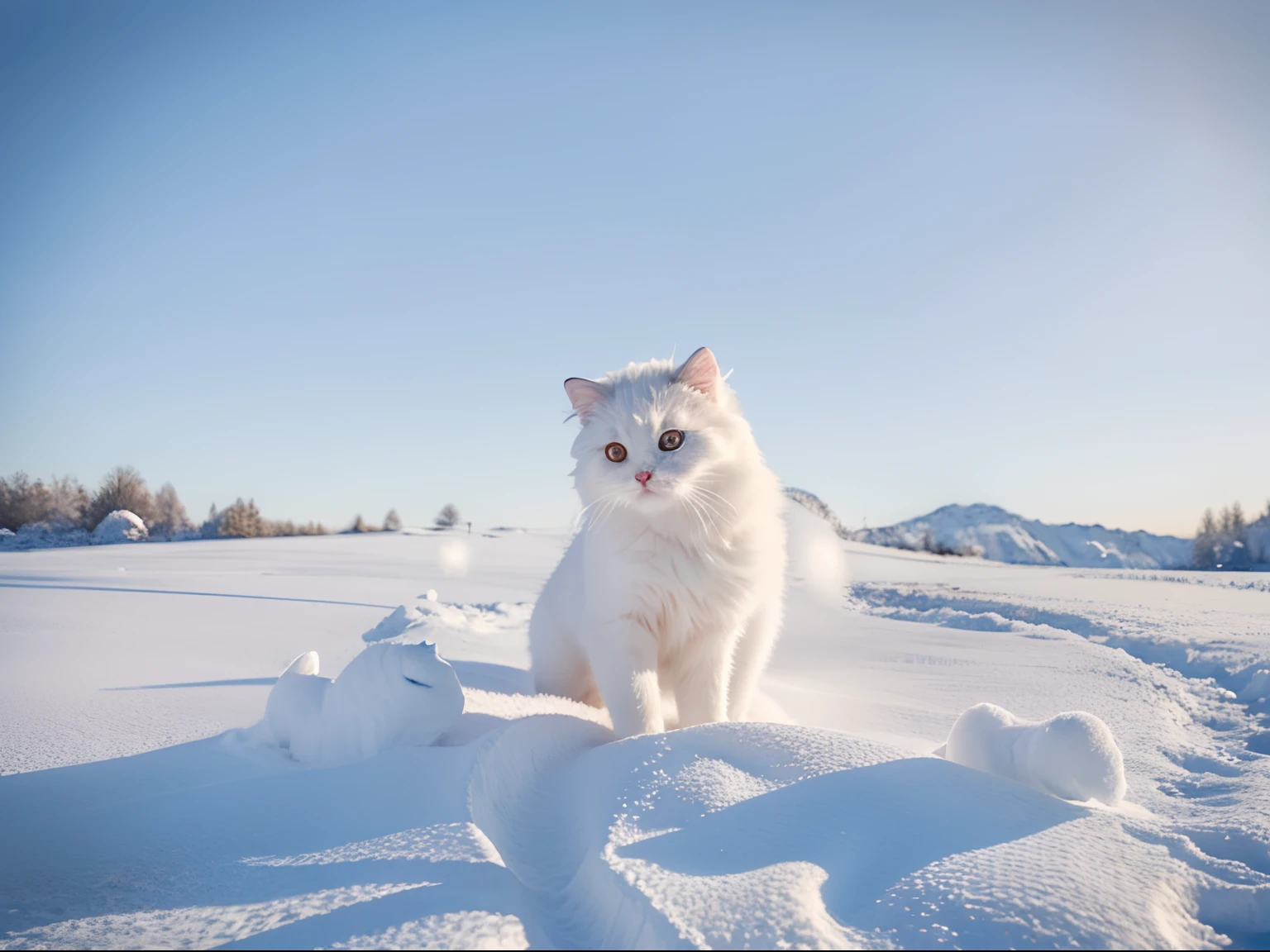 (best quality,4k,8k,highres,masterpiece:1.2),ultra-detailed,realistic,adorable,fluffy,frosted,playful kitty in a snowy landscape. icy surroundings,delicate snowflakes,dainty footprints,happy expression,tiny pink nose,shimmering whiskers,sparkling blue eyes,soft white fur,curious stance,gentle snowfall,magical atmosphere,ethereal beauty,winter wonderland,joyful energy,winter sunlight,blissful innocence,subtle shades of blue,crisp air,freshly fallen snow,crunchy texture,magic of the season,serene tranquility,elegance in simplicity,perfectly captured moment,endearing charm。