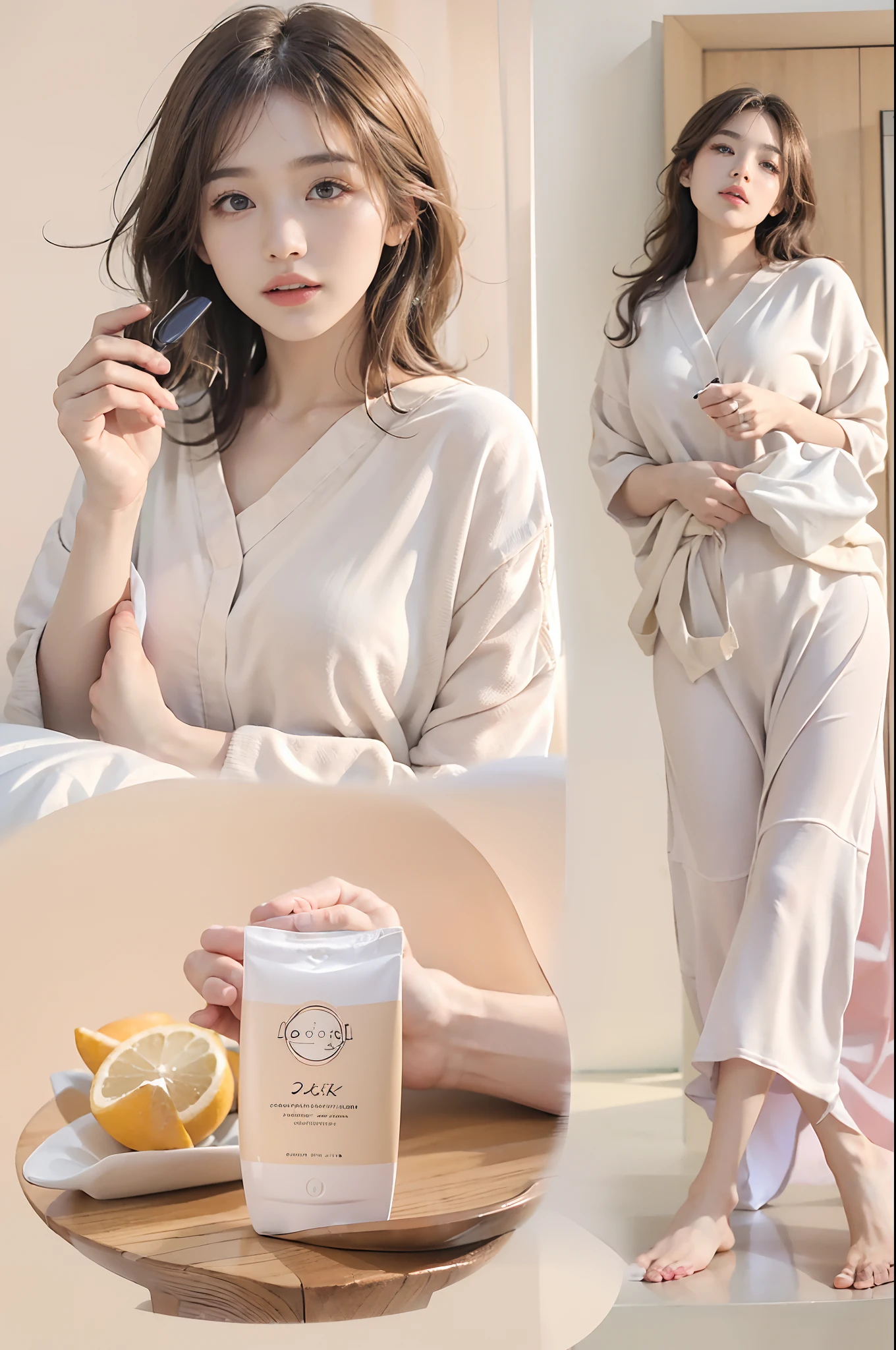 ((top-quality、8K、masterpiece:1.3))、(realisitic、Photorealsitic:1.37)、Beautiful Face Woman、25-years old、long eyeslashes、Colorcon、delicated、Highly detailed eyebrows、(Sharp Eyebrows)、(Thin eyebrows)、very vey very detailed face、Generate image of woman in cozy gelato pique loungewear, Immediately after waking up. Sit on a neat and tidy bed、The sun is shining gently. The rooms are softly furnished, Pastel colors that create a calm atmosphere. The woman, With disheveled morning hair, Obsessed with the ritual of applying hand cream. Orange hat and hand cream on white background on bedside table,Or、Morning light casting shadows on the room, etc.、Capture the subtle details of your surroundings. Emphasize the tranquility of the moment, So that you can feel the comfort of the soft fabric and the comfort of the hand cream.((Hold up your beautiful hands:1.3))