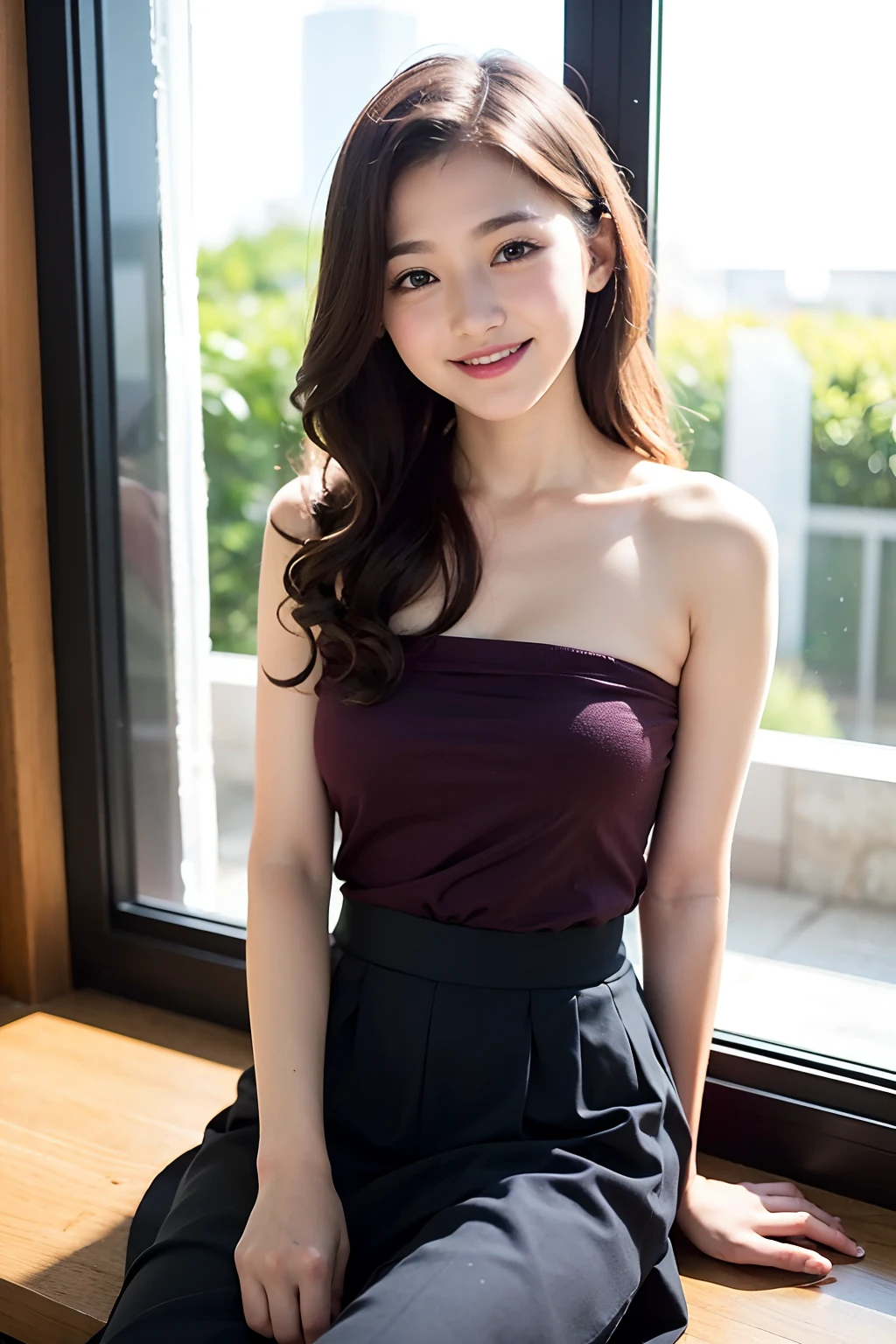 Professional, (4k photos:1.1) 、((preteen)), masutepiece, Best Quality, Beautiful Girl, Curly hair, Long hair, Purple eyes, Strapless blouse, long  skirt, Smile of shame, Sitting on the windowsill、