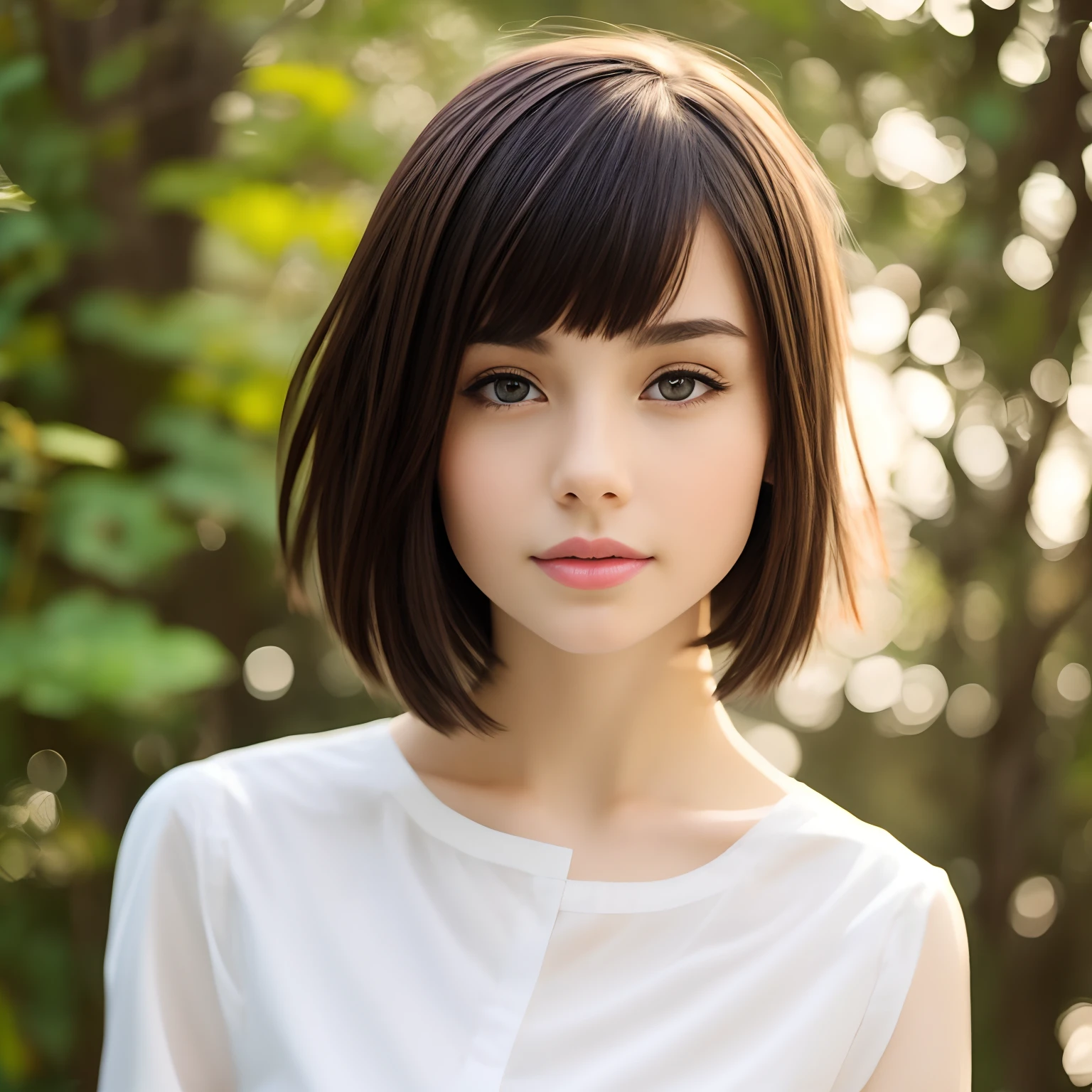 a transcendentally beautiful Irish girl who is mixed with Japanese, short hair, skinny face, smooth pale skin, bright eyes, straight nose, glossy plump lips, gentle smile, pure and innocent, very neat, intelligent and elegant, pretty and gorgeous, attractive and charming
