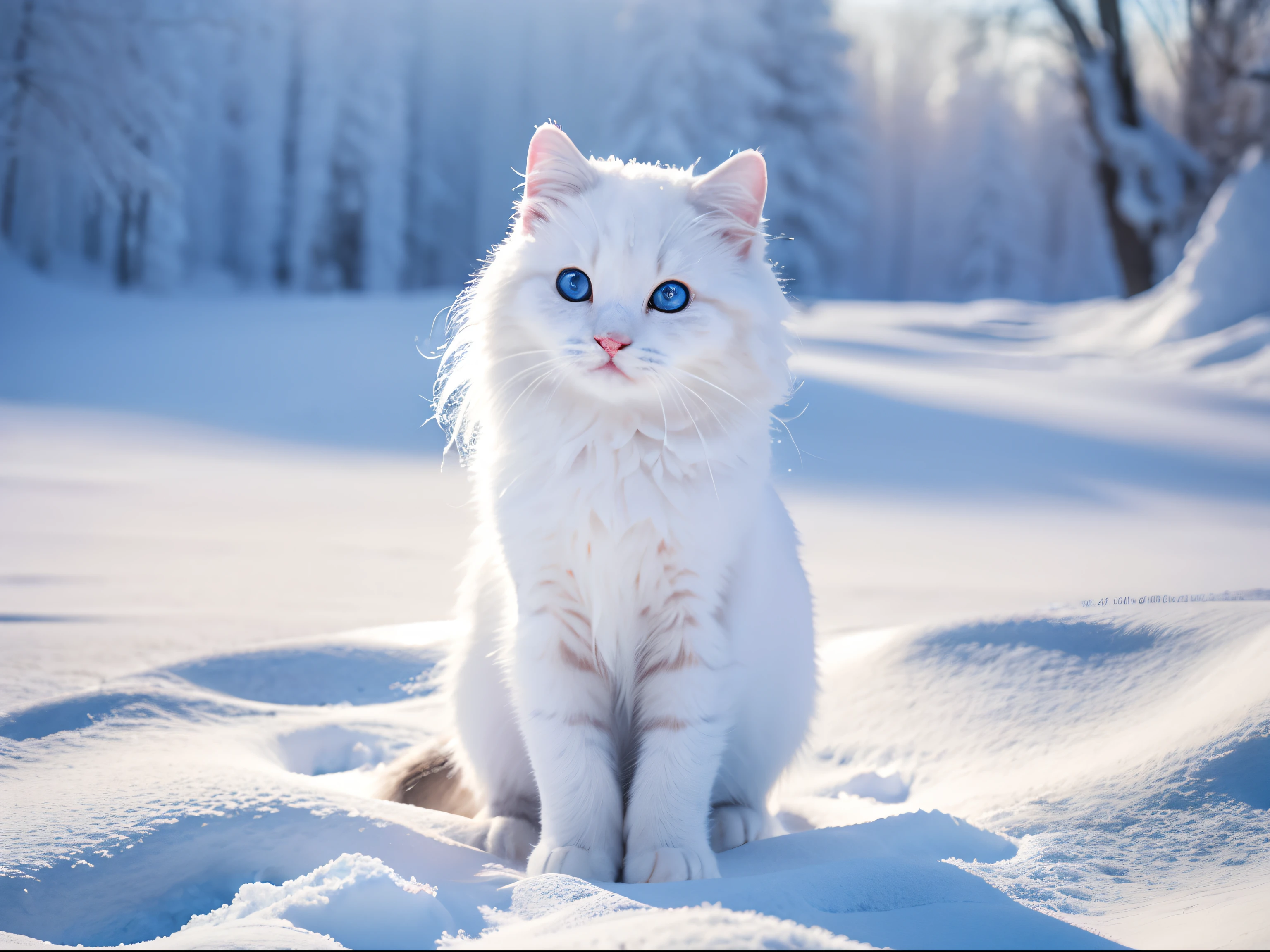(best quality,4k,8k,highres,masterpiece:1.2),ultra-detailed,realistic,adorable,fluffy,frosted,playful kitty in a snowy landscape. icy surroundings,delicate snowflakes,dainty footprints,happy expression,tiny pink nose,shimmering whiskers,sparkling blue eyes,soft white fur,curious stance,gentle snowfall,magical atmosphere,ethereal beauty,winter wonderland,joyful energy,winter sunlight,blissful innocence,subtle shades of blue,crisp air,freshly fallen snow,crunchy texture,magic of the season,serene tranquility,elegance in simplicity,perfectly captured moment,endearing charm。
