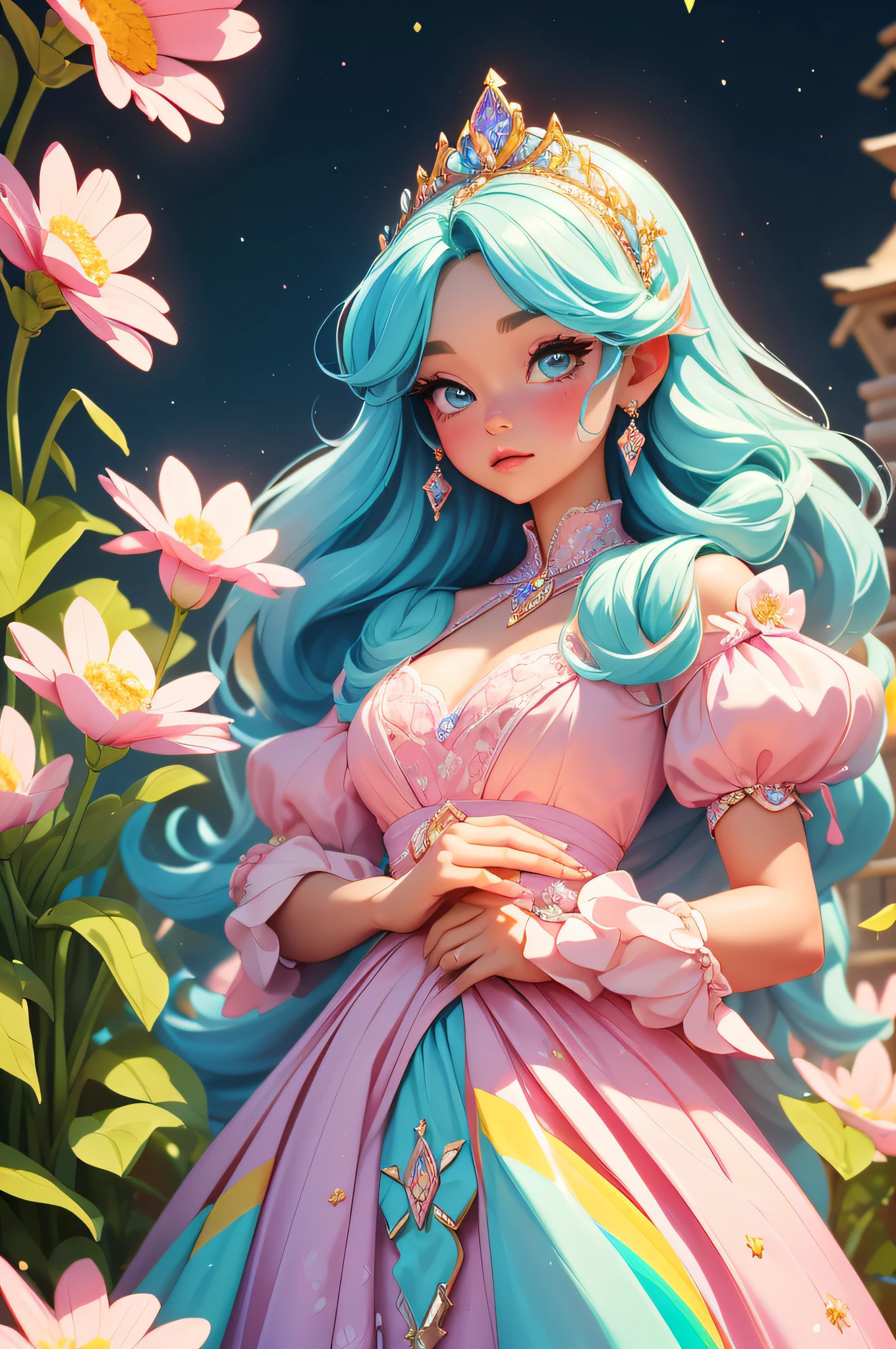 A young 6-year-old princess, full of wonder and magic, is in a field of blooming flowers. Her long dress, in the style of Disney's Princess Sofia, is a vision of pastel colors and delicate lace. A diamond tiara rests on her head, reflecting the sunlight and casting a rainbow of colors around her. In the distance, her castle stands tall and proud, a symbol of her royal heritage.