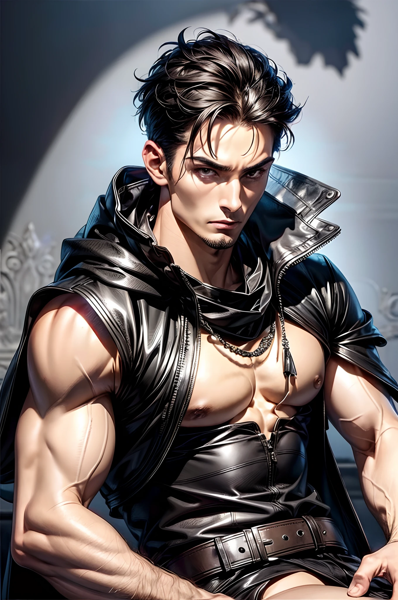 (absurderes, hight resolution, ultra-detailliert), 1 male, Adult, Handsome, High muscular face, broad shoulders, finely detailed eyes, Short black hair, Brown eyes, Black cloak, Wearing a hood, Leather Vest, Leather bag at waist.........................., 2 daggers on the belt, castle, Medieval atmosphere, Natural Light and Shadow, Bright particles fly around a person, Fantastic, Mysterious, Bright glow, Seated Pose, Serious expression, Cold, thoughtful, Mouth Shut
