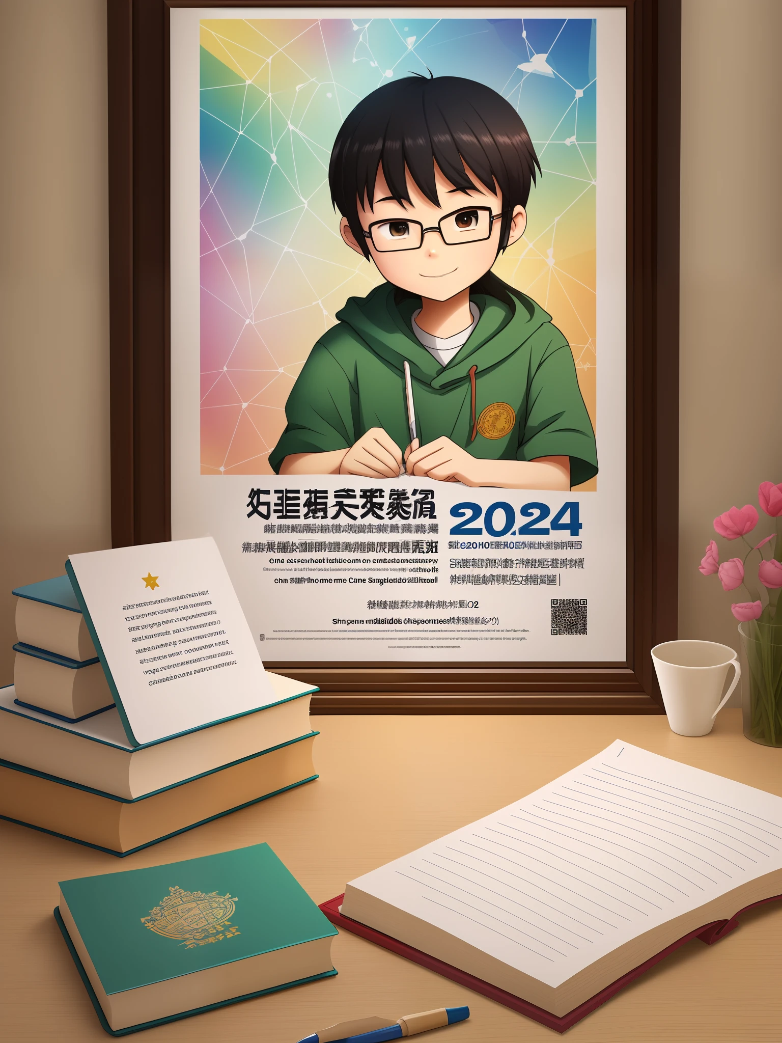 Create a poster to cheer on the 2024 middle school entrance examination. The character should be a Chinese middle school student, high-definition, and inspirational --auto --s2