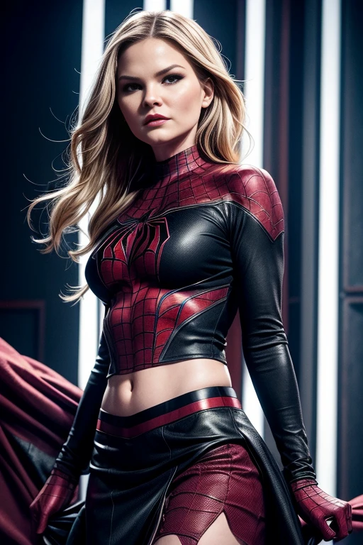 Dianna Agron、Sticking out the navel、newyork、She wears a torn Spider-Man suit,wearing skirt、 Red and black color scheme,Dynamic、​masterpiece、top-quality、ultra-detailliert、ighly detailed、beautiful detailed brilliance、超A high resolution