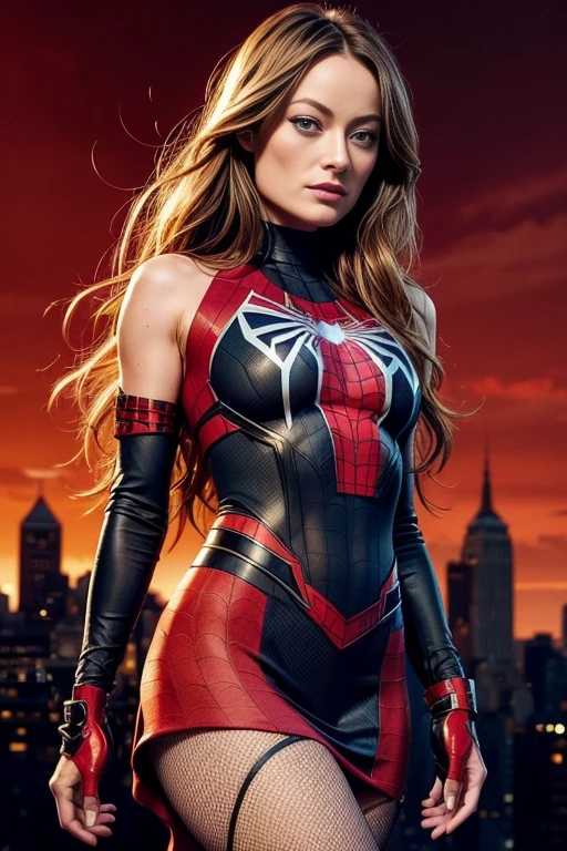 Olivia Wilde、Sticking out the navel、newyork、She wears a torn Spider-Man suit,wearing skirt、 Red and black color scheme,Dynamic、masterpiece、top-quality、ultra-detailliert、ighly detailed、beautiful detailed brilliance、超A high resolution
