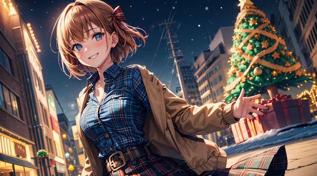 1girl, solo, ((christmas tree)), street, lights, snow, short hair, chestnut hair, large breasts, button down, ((opened brown zipper jacket)), dark blue eyes, ((blue shirt)), ((checked shirt)), ((unbuttoned shirt)), ((long skirt)), smile, looking at the viewer, standing, hair ribbon