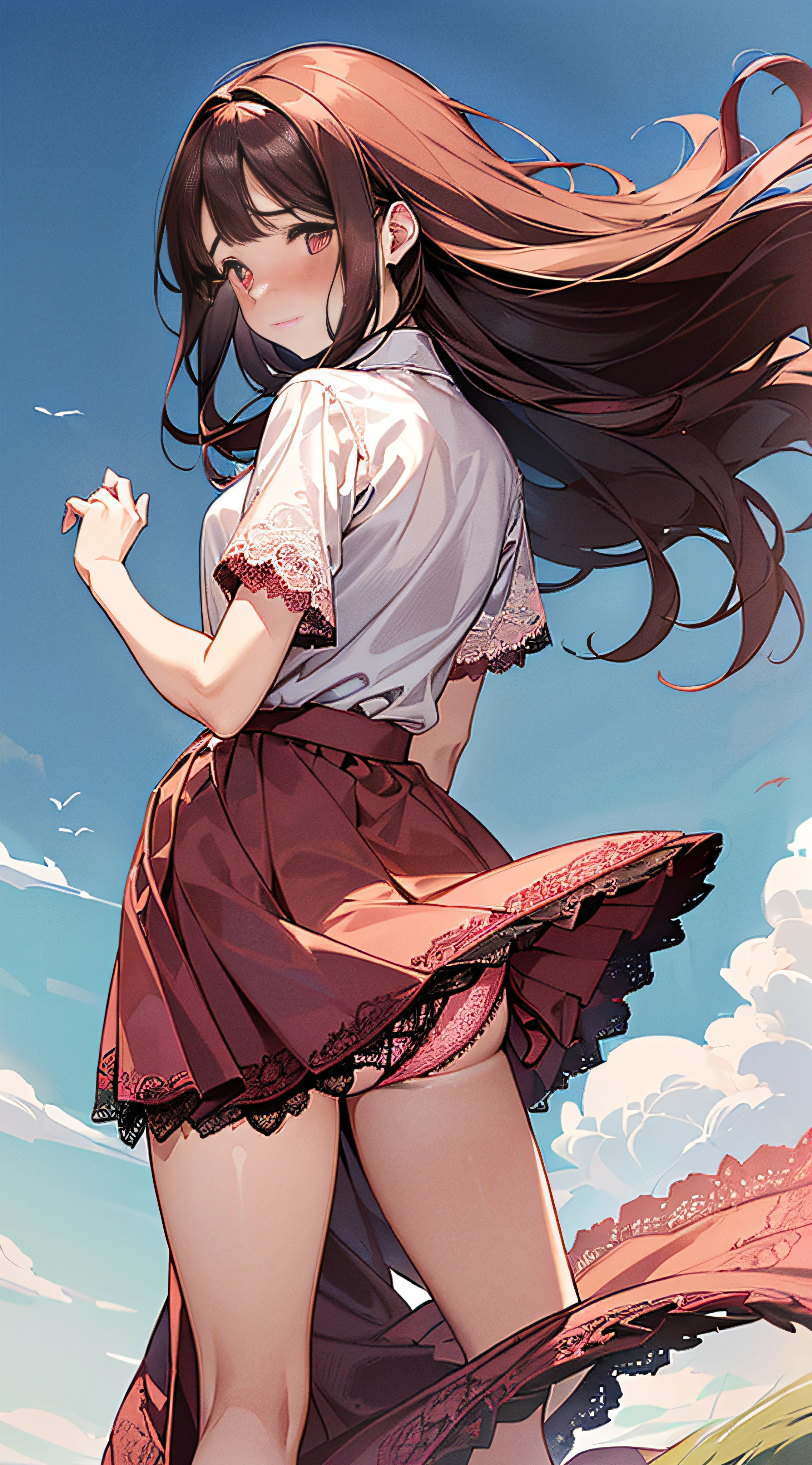 1womanl,dark brown hair,Long Wave Hair、a 20 yo woman、((Impatient expression)),Beautiful Medium Big、White shirt,Red Mini Flared Skirt,well-styled,,(Facing the front)(((Blushing cheeks、embarassed expression)),(((The skirt is rolled up by the wind)))、((facing back))、((buttocks visible))、((Pink lace panties))