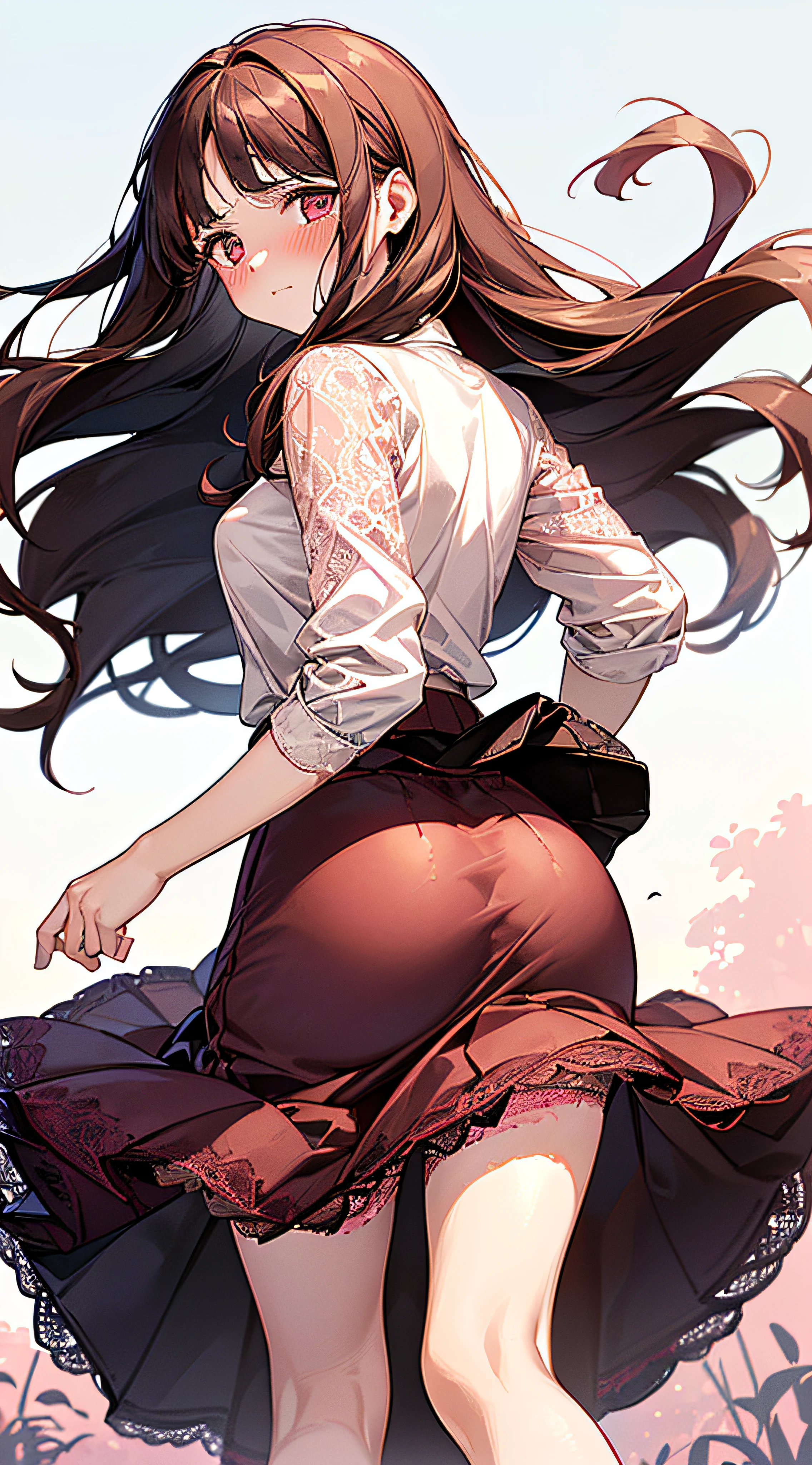 1womanl,dark brown hair,Long Wave Hair、a 20 yo woman、((Impatient expression)),Beautiful Medium Big、White shirt,Red Mini Flared Skirt,well-styled,,(Facing the front)(((Blushing cheeks、embarassed expression)),(((The skirt is rolled up by the wind)))、((facing back))、((buttocks visible))、((Pink lace panties))