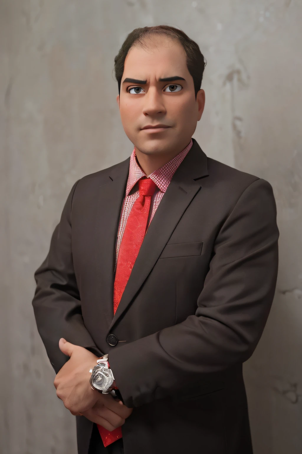 Terno marron, com gratava vermelha, com relogio de pulso, Um homem estilo disney pixar, alta qualidade, melhor qualidade,