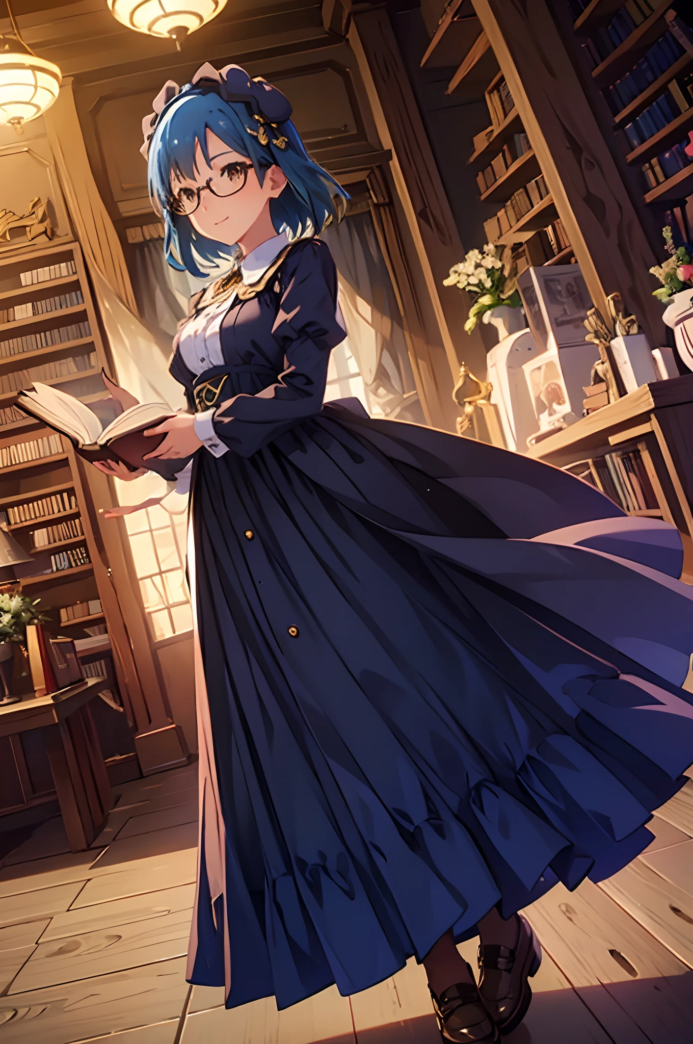 yuriko nanao (million live), 1 girl, Solo, Cute Girl, Best Quality, Ultra-detailed, 8K, High resolution, Detailed face, (Cinematic Angle), Bob Hair, light smile, glasses, beret, white collared shirt, long sleeves, brown dress, brown footwear, ((holding a book)), old library,