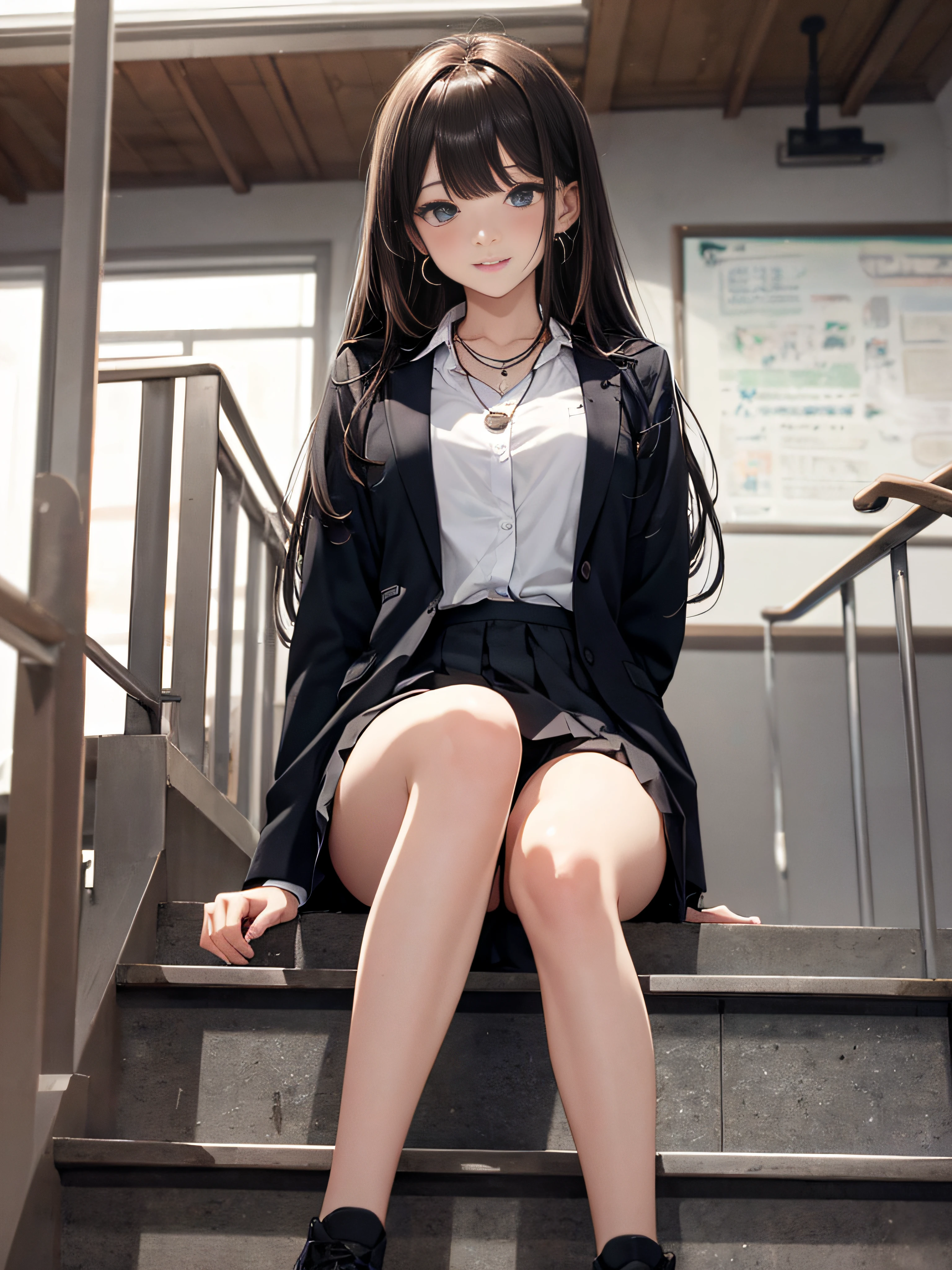 photorealisim、top-quality、超A high resolution、a picture、Extraordinary beautiful girl、Highlights of cheek luster、Detailed cute and beautiful face、(pureerosface_v1:0.008)、Beautiful bangs、Glowing white shiny skin、Bangs between the eyes、shiny and beautiful hair、Silky hair、finer hair、High-definition eyes、Beautiful, Bright and clear, Big eyes shine charmingly、eye liner、Double eyelids、Full body like、red blush、embarrassed from、shiny little necklace and earrings, shiny lips: 1.4, Shy laughter、Kamimei、(Large amount of sperm in the thighs:1.2)、red blush、Tears are embarrassing、Light Pink Lace Panties、((Open knees))、open one's legs、Masturbation behavior、((Disheveled clothes))、((Dressing))、Exposed panties、sodden、Sheer underwear、Puffy nipple、Neat girl,18 years old, (High School Uniform: 1.0),Brown hair, bangs flowing diagonally, Medium Wave Long Hair, Blue eyes, medium breast size, In the classroom where the setting sun shines, sit on stairs