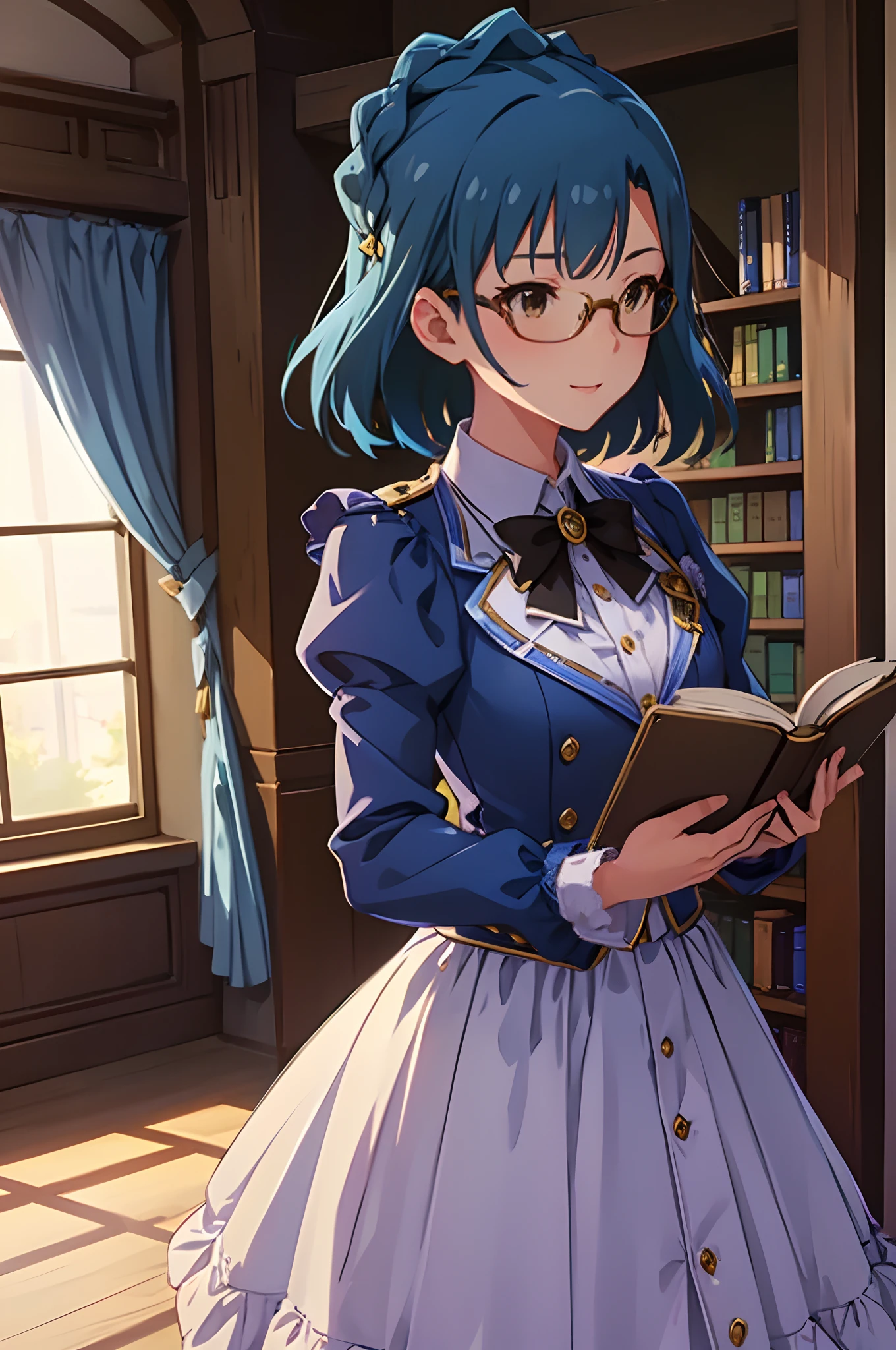 yuriko nanao (million live), 1 girl, Solo, Cute Girl, Best Quality, Ultra-detailed, 8K, High resolution, Detailed face, (Cinematic Angle), Bob Hair, light smile, glasses, beret, white collared shirt, long sleeves, brown dress, brown footwear, ((holding a book)), old library,