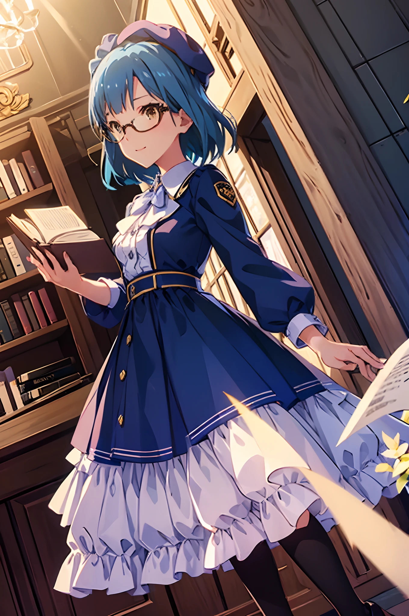 yuriko nanao (million live), 1 girl, Solo, Cute Girl, Best Quality, Ultra-detailed, 8K, High resolution, Detailed face, (Cinematic Angle), Bob Hair, light smile, glasses, beret, white collared shirt, long sleeves, brown dress, brown footwear, ((holding a book)), old library,