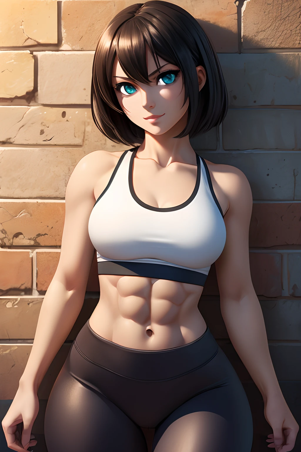 mikasa ackerman, Attack on Titan character, black messy short hair with long bangs, Beautiful cute face, Charming, sexy facial expression, Sexy squint, Facing the camera, ((Skin color: white)), Body glare, ((Beautiful Female Eyes)), Cyan eyes, ((Perfect Sexy Figure)), Ideal body shapes, Slightly pumped abs, big thighs, ((Subtle and beautiful)), Sexy Wall Pose, ((sexy clothes: ((Brown)) Leggings and white sports bra)), background: Dark Room Yellow Brick Walls, Depth of field, ((ultra quality)), ((tmasterpiece)), ((clear image)), ((crisp details)), ((Realistic)), ((Professional Photo Session)), ((Clear Focus)), the anime, Colorfully drawn, NSFW