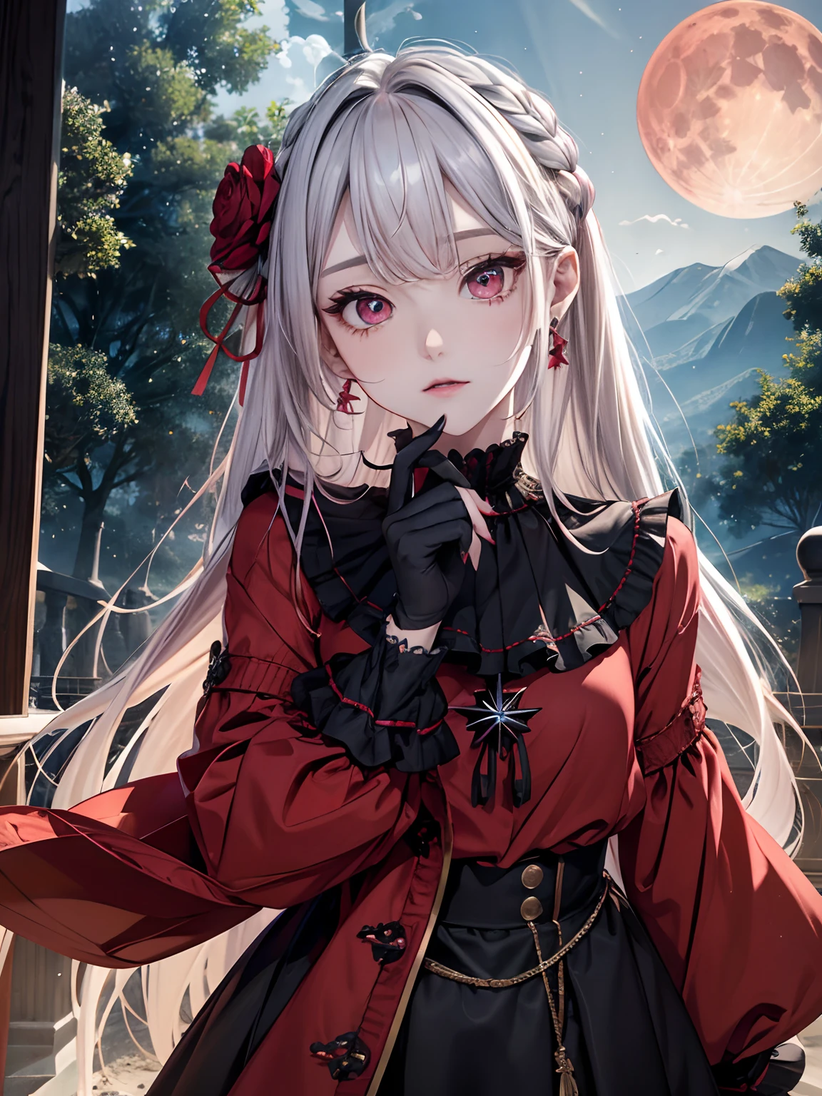 absurderes, ultra-detailliert,bright colour, extremely beautiful detailed face and eyes,top-quality、masutepiece、horor、Valley、cabelos preto e longos、red eyes、Return blood、Ruins、starrysky、Red Moon