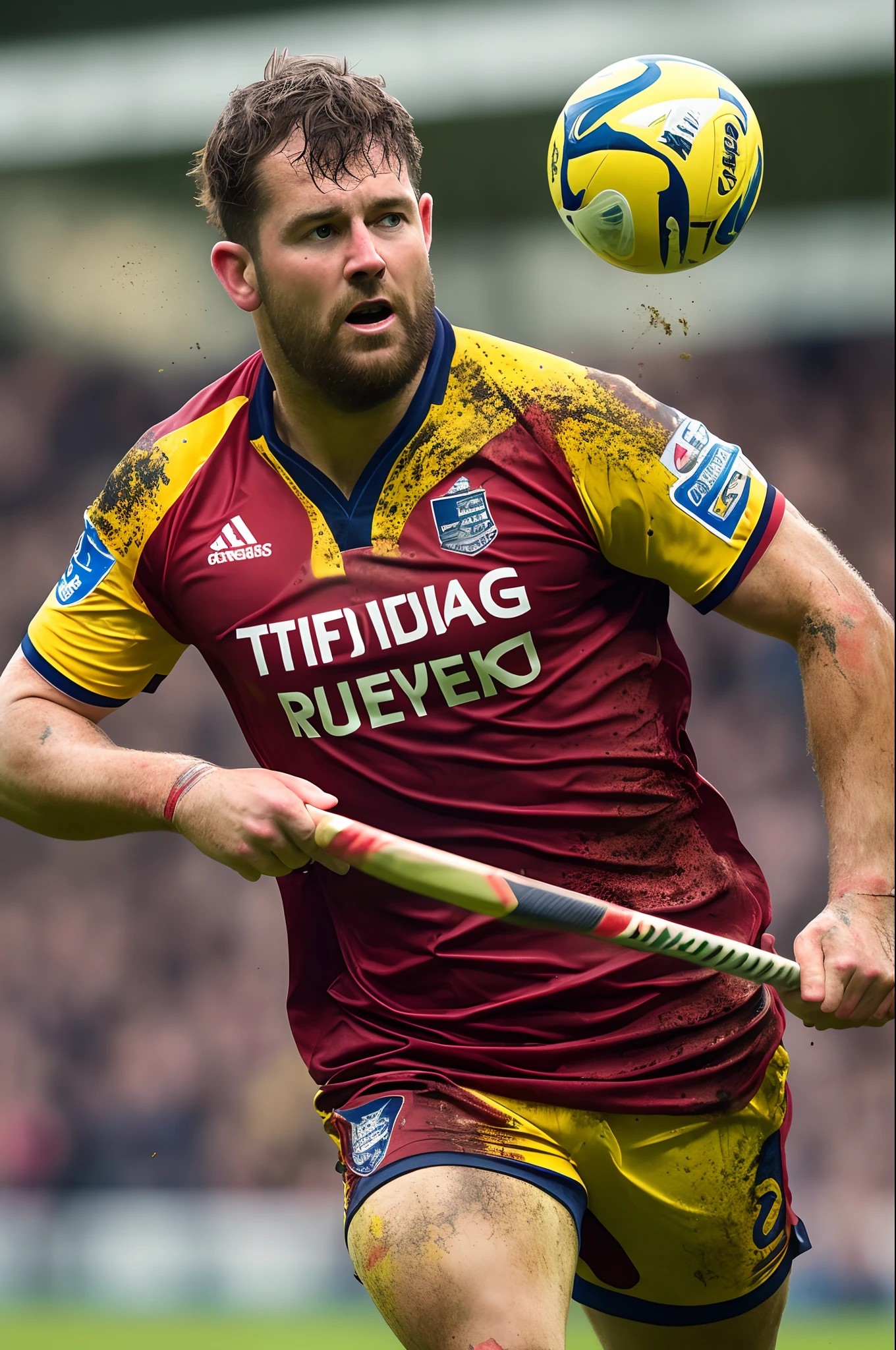 Produce a hyperrealistic image of Greg Tindle in action during the 2016/17 season, exemplifying his relentless and determined playing style. Highlight the muddy and intense atmosphere of a crucial match against a rival team --auto --s2