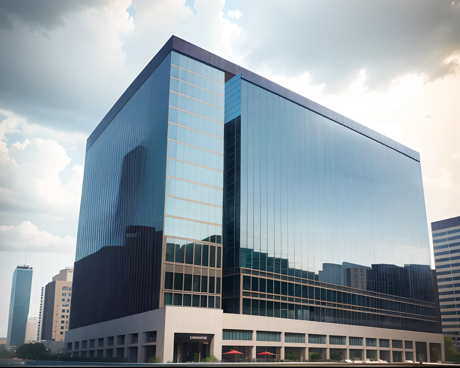 Glass curtain wal,Hotel complex,building rendering,overcast day