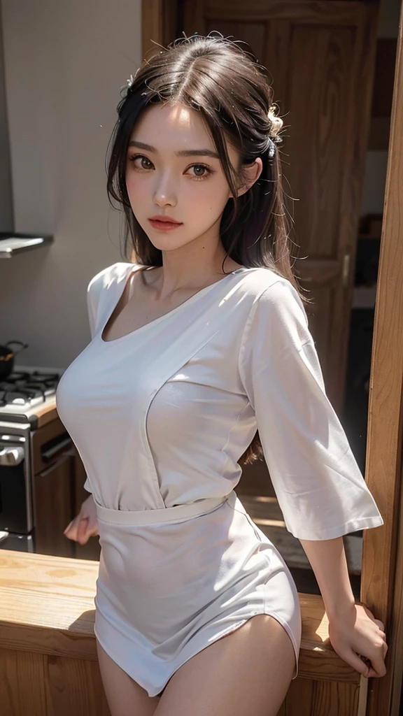 Young Japanese women, chef, hiar tied into a messy bun, sad eyes, tight messy clothes, no bra under her shirt, exhausted, sexy, nsfw