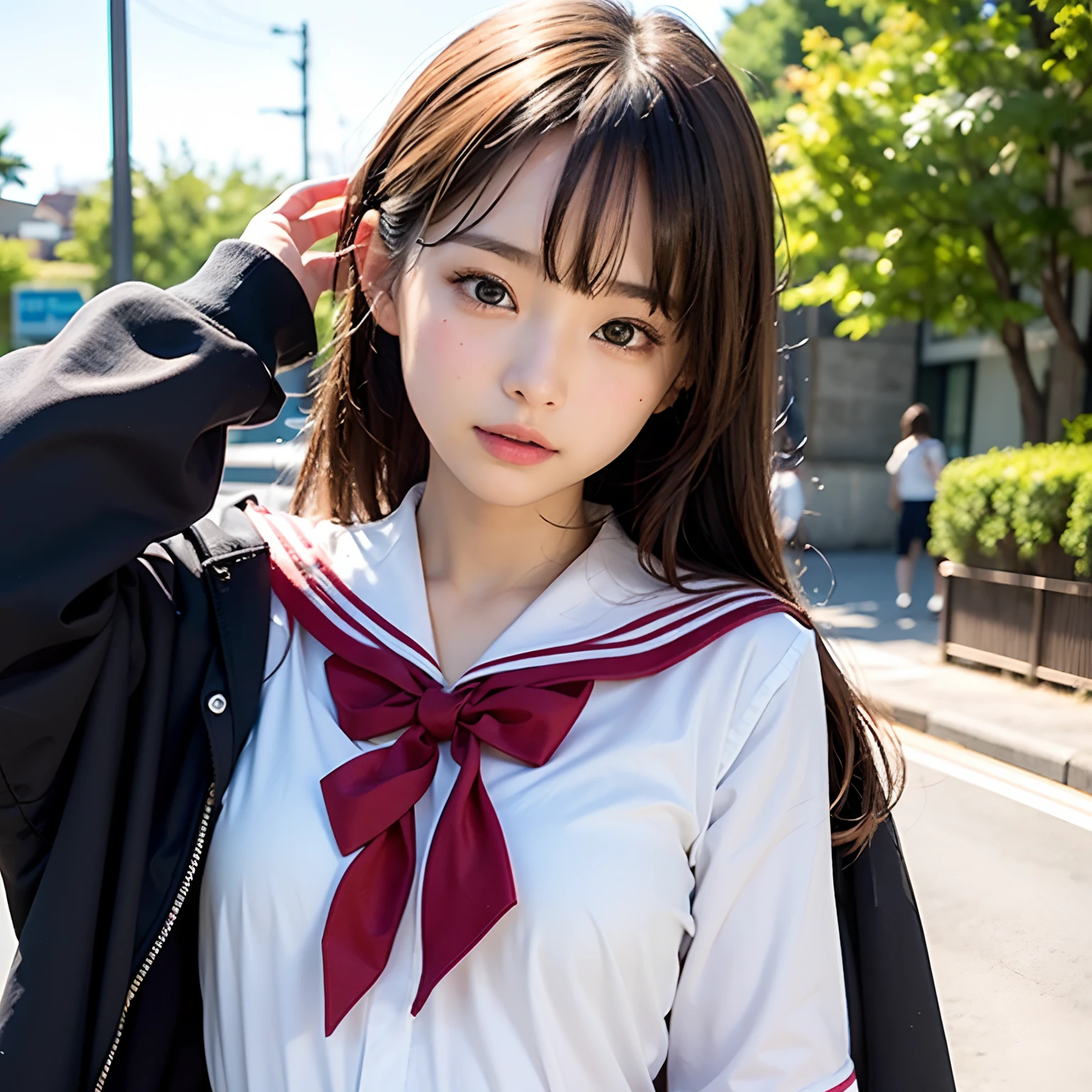mix4, (16 K, Raw photography, Top image quality, masterpiece: 1.45), (realisitic, Photorealsitic: 1.37), one girls, 7.5, etc、Random hairstyle、Standing figure,Daytime、a very cute,Station platform,, profetional lighting, photon maping、physically-based renderingt, Gradient dark brown hair,Crisp backgrounds and high resolution, a handsome, Well-groomed and beautiful eyes、Large double eyelids、Very shiny、girl with, (((student clothes、Winter clothes、Sailor suit worn by Japan girl、Navy blue sailor color、scarf、a miniskirt, Small beret、high socks、lowfers、Frugal bag))), Top Quality Photos, hight resolution, 1080p, (clearface), (Detailed face description), (Detailed hand description), (masterpiece), (Exquisite CG)、extreme light and shadows、dishevled hair、master work、abundant detail、(Fine facial features)、(top quality photo)、(masuter piece)、(A detailed eye)、Look in front of you、Fine clavicle、((Slender big))、(((Japan schooln sailor suit)))、((Idle system))、((Station platform、wicket、train track、railroad crossing))、(((neat and cute)))、耳Nipple Ring、A big smile、Drawing the whole body from the knees、Do not draw nasolabial folds、(((Long sleeve sailor suit)))、(Big breasts that hang down big:1.2)、Big buttocks with tension、Two arms and two legs、(((from the front side:0.3)))、bare hand、No mask、No skin exposure