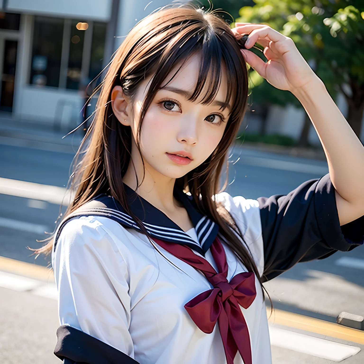 (table top, highest quality:1.2), 8K, official art, RAW photo, incredibly ridiculous, (Upper body, sailor suit, serafuku:1.4), beautiful girl, cute face, turn back, navy pleated skirt, reach out your hand、cute navel、skirt、gold ornaments in hair、close, school uniform, short sleeve, gardenia, Biolace, Ten generations, street, looking at the viewer, film grain, chromatic aberration, sharp focus, face light, dynamic lighting, cinematic lighting, Eye and face details, background bokeh, (1 dark red bow tie:1.2)