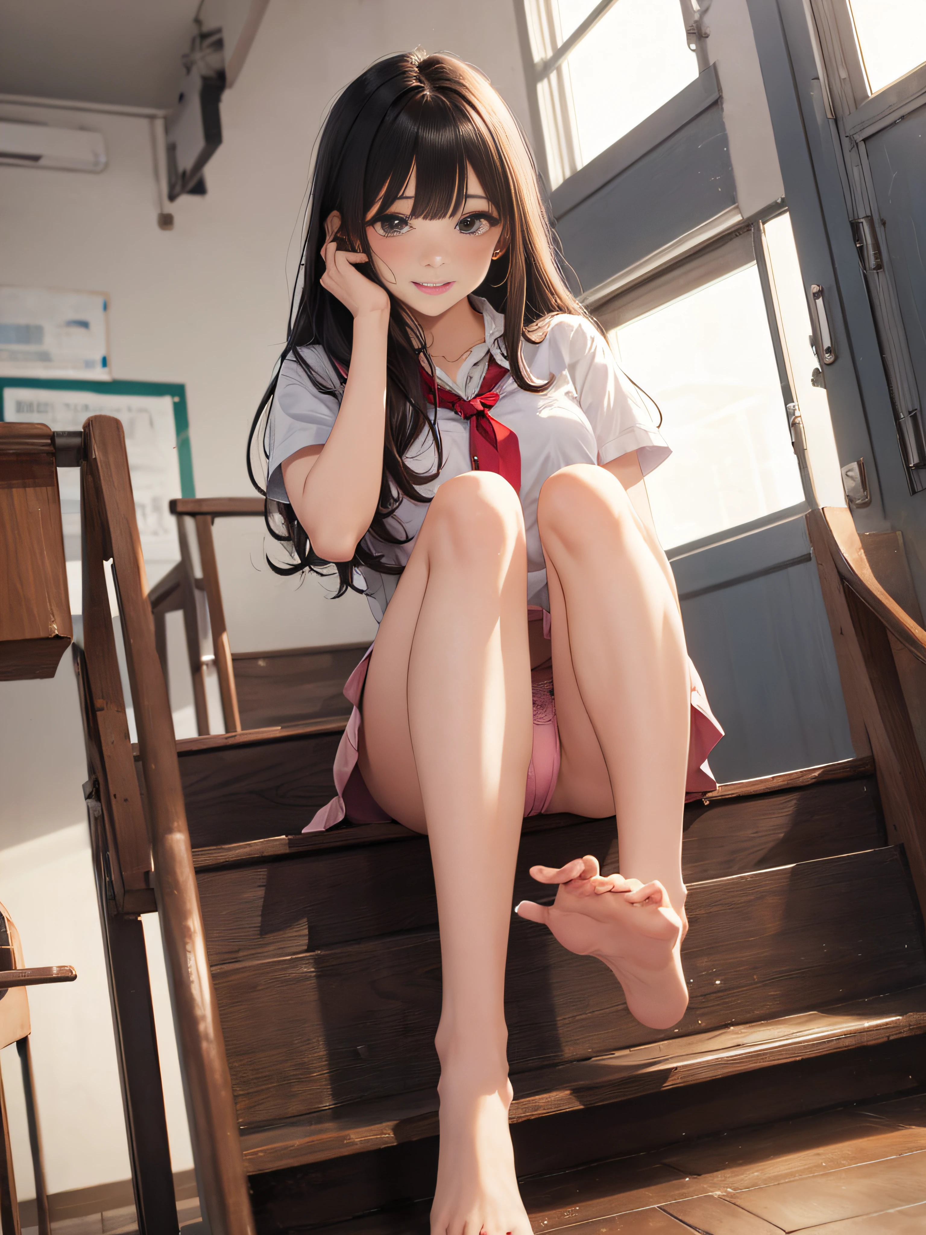 photorealisim、top-quality、超A high resolution、a picture、Extraordinary beautiful girl、Highlights of cheek er、Detailed cute and beautiful face、(pureerosface_v1:0.008)、Beautiful bangs、Glowing white shiny skin、Bangs between the eyes、shiny and beautiful hair、Silky hair、finer hair、High-definition eyes、Beautiful, Bright and clear, Big eyes shine charmingly、eye liner、Double eyelids、Full body like、red blush、embarrassed from、shiny little necklace and earrings, shiny lips: 1.4,  (Shy laughter)、Kamimei、（Large amount of sperthe thighs:1.2）、red blush、Tears are embarrassing、((Light Pink Lace Panties)) knees))、((open one's legs))、Masturbation beheveled clothes))、((Dressing))、Exposed panties、sodden、Sheer underwey nipple、Neat girl,18 years oldigh Scniform: 1.0),Brown hair, bangs flowing diagonally, Medium Wave Long Hair, Blue eyes, medium breast size, In the classroom where the setti shines, sit on stairs