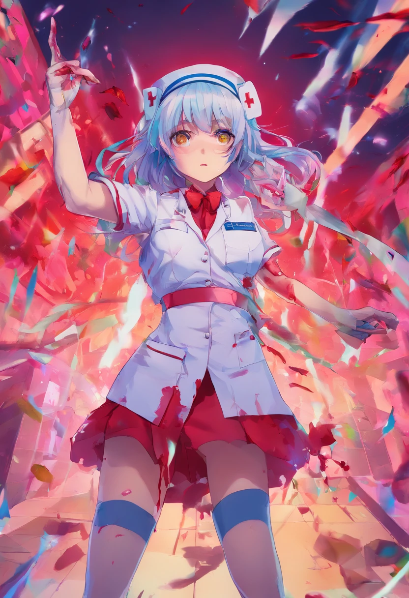 masterpiece, highest quality, highest detail, 1 girl,
BREAK, horror, (Small injured girl, blood, bleeding, injury), Shining white hair, jewel-like red eyes, anime highlight eyes, (Nurse uniform: 1.4), (White tight miniskirt: 1.2), White pantyhose, scarred clothes, dirty clothes, bloodstained clothes, scarred skin, battle damage, bandaged arms, bandaged legs, (Yandere:1.2),
BREAK, The background is a modern hospital, a collapsed hospital,
BREAK, full body, movie lighting, action movie poster, dynamic, beautiful girl action actor, motion blur, depth of field, 35mm, Sony FE, 1girl,