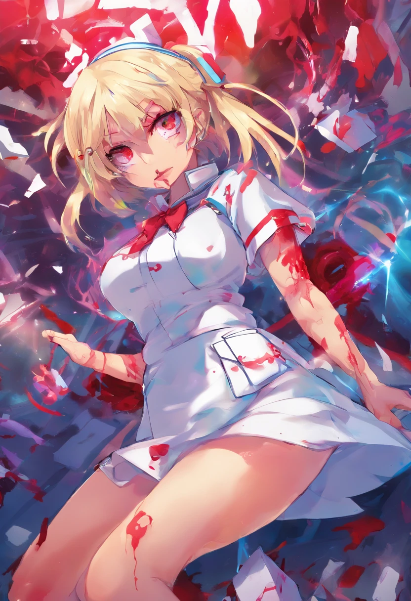 masterpiece, highest quality, highest detail, 1 girl,
BREAK, horror, (Small injured girl, blood, bleeding, injury), Shining white hair, jewel-like red eyes, anime highlight eyes, (Nurse uniform: 1.4), (White tight miniskirt: 1.2), White pantyhose, scarred clothes, dirty clothes, bloodstained clothes, scarred skin, battle damage, bandaged arms, bandaged legs, (Yandere:1.2),
BREAK, The background is a modern hospital, a collapsed hospital,
BREAK, full body, movie lighting, action movie poster, dynamic, beautiful girl action actor, motion blur, depth of field, 35mm, Sony FE, 1girl,