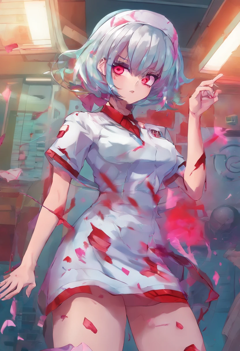 masterpiece, highest quality, highest detail, 1 girl,
BREAK, horror, (Small injured girl, blood, bleeding, injury), Shining white hair, jewel-like red eyes, anime highlight eyes, (Nurse uniform: 1.4), (White tight miniskirt: 1.2), White pantyhose, scarred clothes, dirty clothes, bloodstained clothes, scarred skin, battle damage, bandaged arms, bandaged legs, (Yandere:1.2),
BREAK, The background is a modern hospital, a collapsed hospital,
BREAK, full body, movie lighting, action movie poster, dynamic, beautiful girl action actor, motion blur, depth of field, 35mm, Sony FE, 1girl,