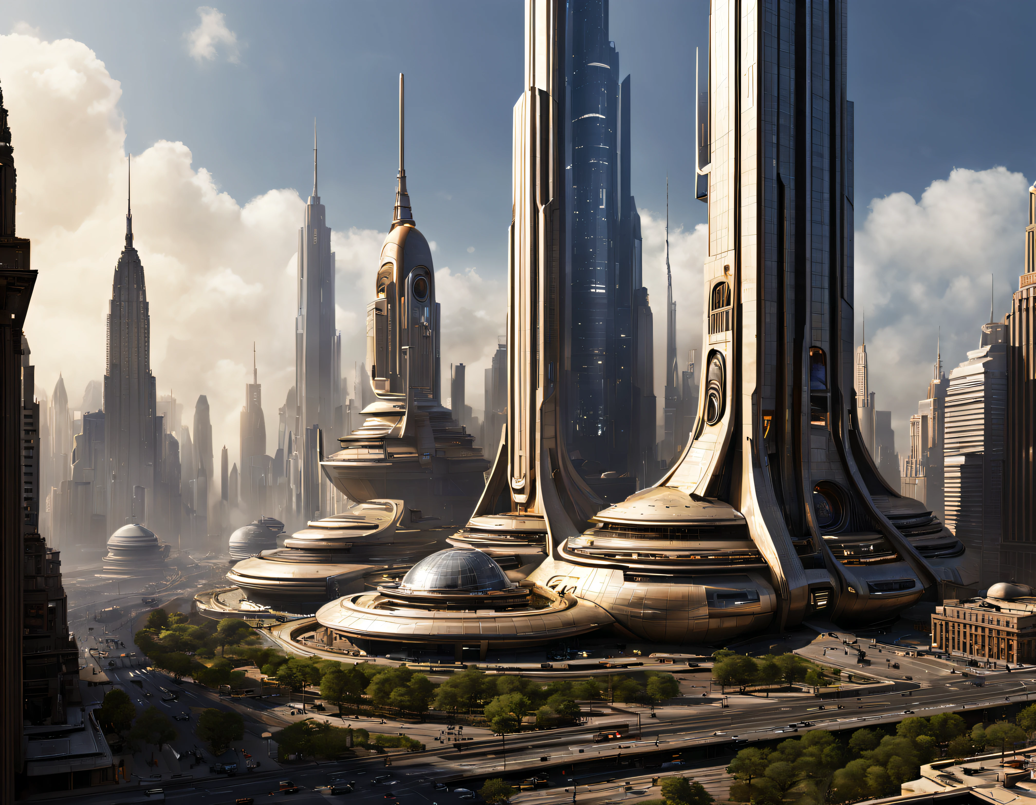 (la ciudad de coruscant, as designed by Doug Chiang). vista frontal de de los edificios agrupados y sus avenidad que hay antes de llegar al senado de coruscant, edificio impresionante y magestuoso, los edificios estan fabricados con placas de aluminio y acero inoxidable engarzadas perfectamente unas con otra, los edificios forman avenidas infinitas hasta llegar al senado, el ambiente es claro ligeramente anaranjado, with some Spacecraft designed by Doug Chiang, volando a lo lejos,todo lleno de imaginacion,ciencia ficcion y (intrincados detalles de la maquina).imagen fotorrealista,nitidez maxima, calidad 8k.(obra maestra de calidad superior).