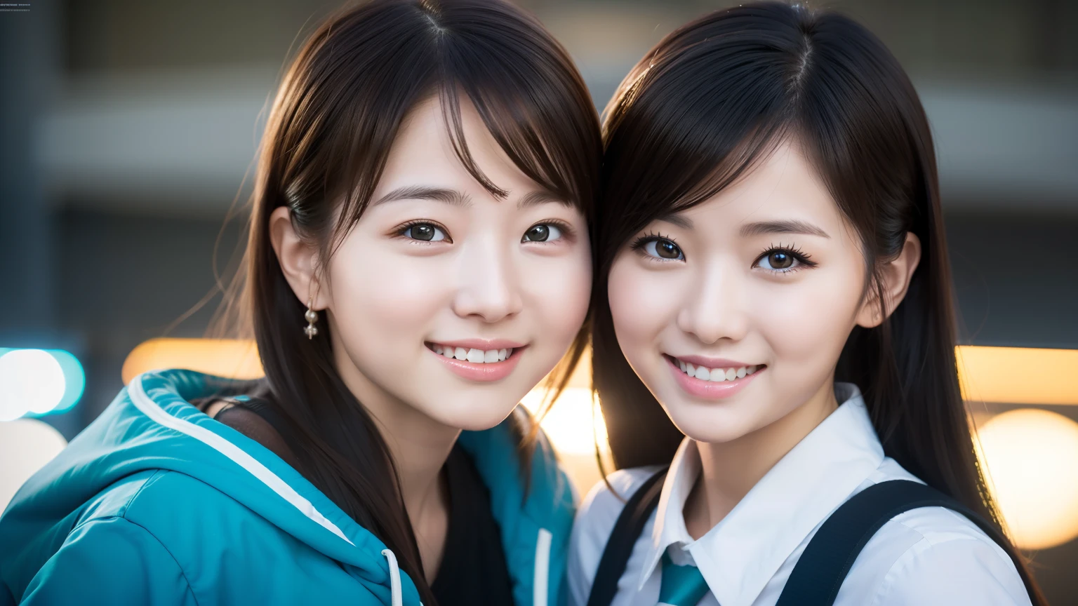 Enhanced dynamic perspective,Cute cute two beautiful girls,Look at me and smile,simple backgound,Works of masters,high quarity,4K resolution,super-fine,acurate,Cinematic lighting,2 cool men