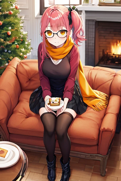 Full body girl with pink colored hair, side ponytail, long hair, orange eyes, wearing winter clothes, skirt, a hair ribbon, glasses, an orange scarf, black thighhighs and boots, in front of a fireplace sitting on a sofa holding a little plate with a cake