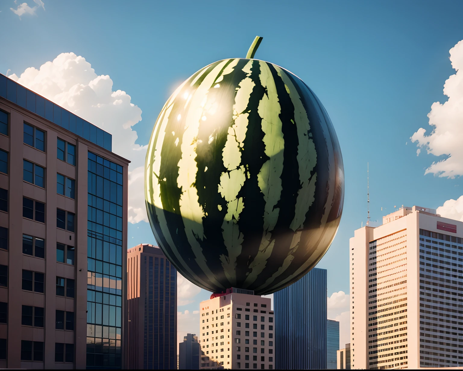 There's a big watermelon on top of the building，Comic style