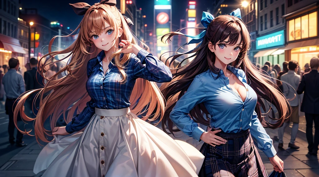 1girl, solo, new year, street, lights, long hair, chestnut hair, large breasts, button down, ((opened shirt)), dark blue eyes, ((blue shirt)), ((checked shirt)), ((unbuttoned shirt)), ((long skirt)), sport bra, cleavage, smile, looking at the viewer, standing, hair ribbon
