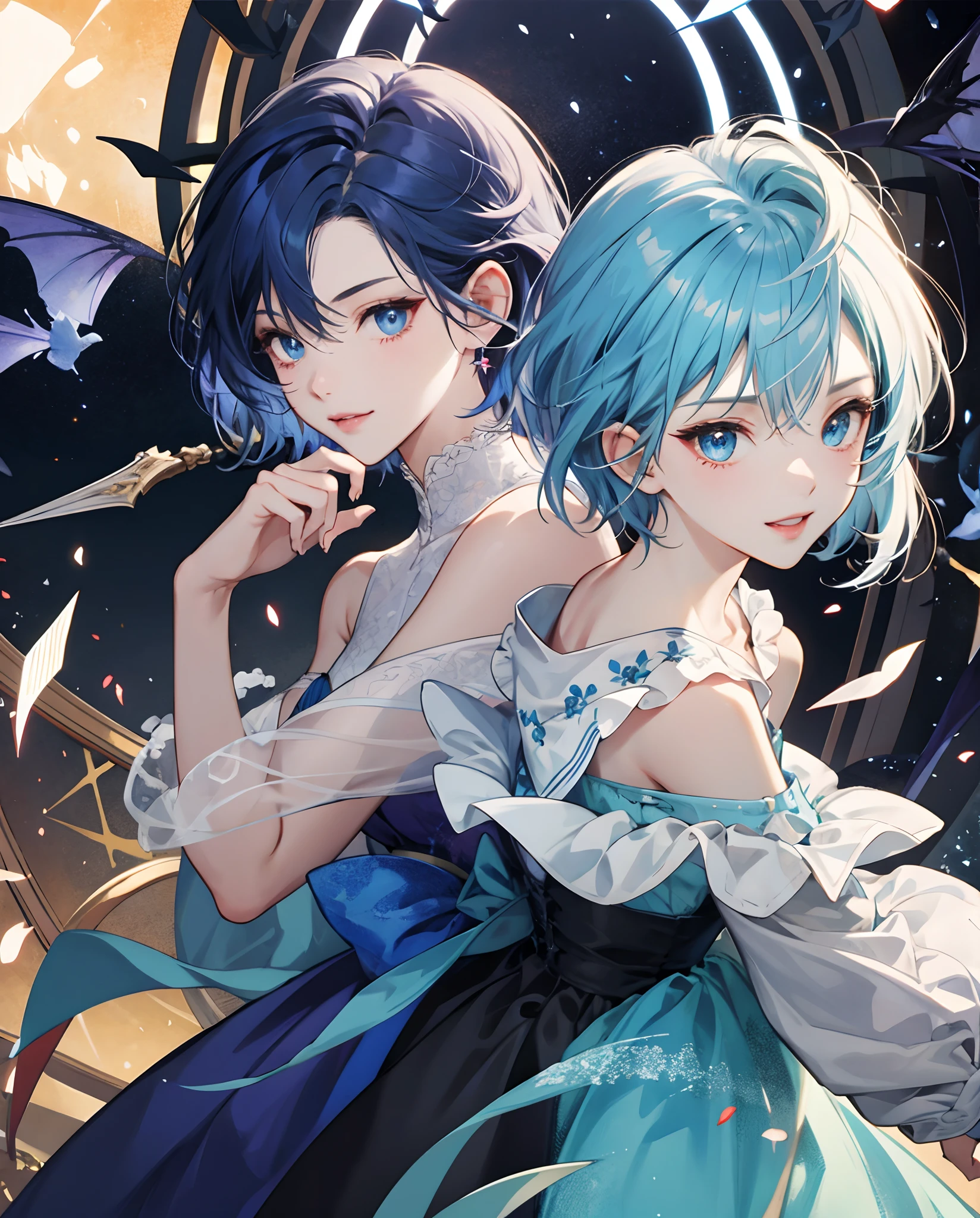masterpiece、top-quality、超A high resolution、2D Beautiful Girl、animesque、s girl、Blue hair、short-haired、Vampire-like figure、Beautiful blue eyes、The clothes are also depicted in detail、Eyes are depicted in detail、The face is depicted in detail、sorcerer、soio、Gentle smile、hair adornments、animesque、illustratio